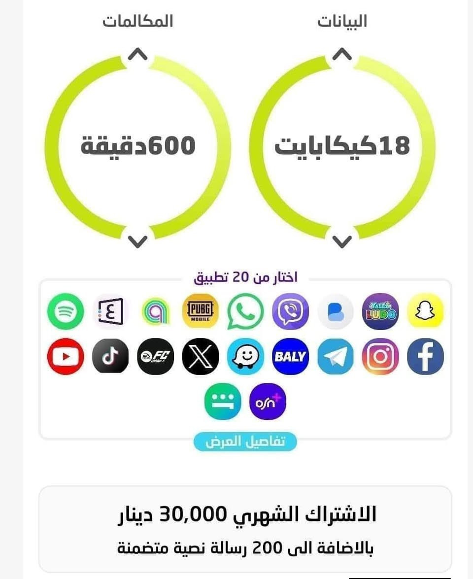 جبتلكم خط يفيدكم✨✨
خط اودي
600 دقيقة اتصال لجميع الشبكات يعني 10 ساعات اتصال
18 كيكا 
+1 كيكا هديه اول شهر لاي خط تاخذه مني + هديه نت او اتصال بعد ماتستلمه 
+200رساله نصيه مجانيه
7تطبيقات مجانيه شهر 
كل هذا 
30 الف فقط والتوصيل مجاني بغداد ومحافظات
الباقه شهر وقابله للتجديد الشهري
للطلب خاص دز رقمك وعنوانك


**إذا كنت صاحب هذا الإعلان وتريد حذفه لأي سبب، رجاءا أرسل رسالة إلى الدعم الفني**
