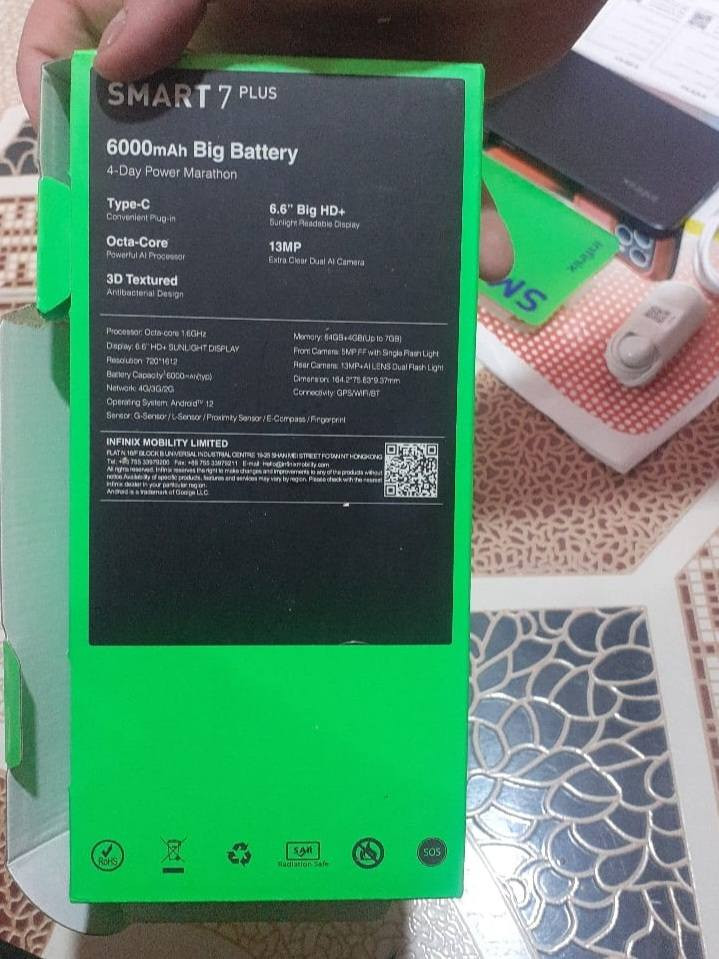موبايل Infinix Smart 7 Plus(نفنكس سمارت 7) جهاز باب الاول  للبيع
بحالة جيدة
ذاكرة: 64GB
يدعم إضافة كارت ذاكرة
بطارية قوية (6000mAh) تدوم فترة طويلة
مناسب للاستخدام اليومي (تصفح، فيسبوك، يوتيوب، ألعاب خفيفة)
📦 المحتويات:
كارتونة أصلية
شاحن + كيبل
ستيكرات وملحقاته كاملة
⚠️ ملاحظة:
الشاشة مفطورة (كسر خفيف) لكن الجهاز شغال طبيعي 100% بدون أي مشاكل
💰 السعر: 80 ألف دينار (قابل للتفاوض)
📍 للاستفسار أو الشراء على واتساب رقم 
***********
