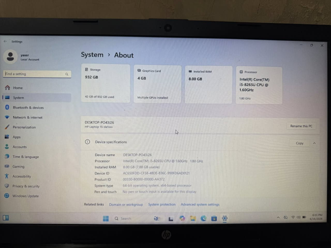 📌 للبيع لابتوب HP 15-da1018ne
🔹 المعالج: Intel Core i5-8265U (الجيل الثامن)
🔹 الرام: 8GB
🔹 كرت الشاشة: NVIDIA GeForce MX130 4GB
🔹 التخزين: HDD 1TB
🔹 الشاشة: 15.6 إنج HD
🔹 الحالة: نظيف جداً وما بيه أي تغيير أو مشاكل
🔹 البطارية: مبدلة وتشتغل بشكل جيد (صحة تقريباً 72%)

💻 جهاز مناسب للدراسة، الأعمال، والاستخدام اليومي، ويشغل برامج وألعاب خفيفة بشكل جيد.

📞 للتواصل على ***********

💰 السعر: 300 الف
