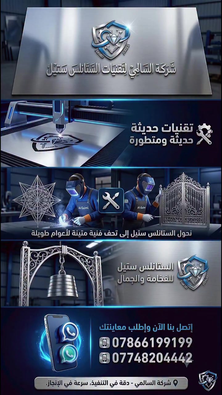 #السالمي لتقنيات الستانلس ستيل
حيث يلتقي #بريق المعدن #بدقة الإتقان.
تصاميم عصرية، متانة استثنائية، ومقاومة تامة للصدأ والزمن.
📱 تواصلوا معنا الآن:
🔗 ***********
🔗 ***********
