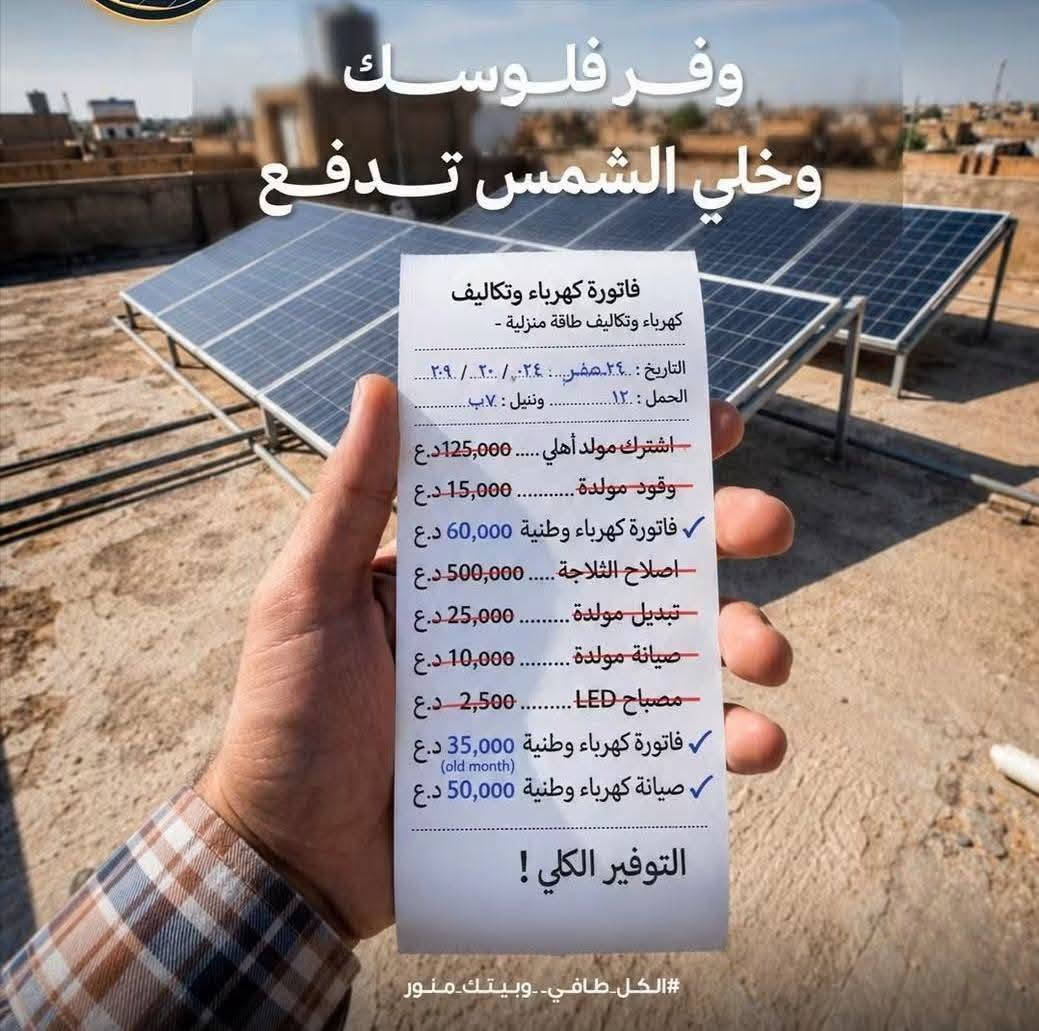 مكتب الأنوار للطاقه الشمسيه *********** 

مستحيل تلكة مثلنا من حيث الجودة والسعر والخدمة!

✅ أجهزة أصلية من ماركات عالمية
✅ تنفيذ وتصميم مهندسين مختصين وكوادر محترفة
✅ كشف مجاني بالكامل وتصميم هندسي احترافي
✅ ضمان 5 سنوات بعقد قانوني رسمي
✅ انسب أسعار بالعراق صعب تلكى أرخص وبنفس الجودة

📍بابل -مدينة القاسم المقدسه، 
      
للاستفسار والحجز  -***********
