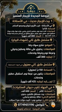 ✨ عروضنا المـميزة للإيجار لـهذا اليوم ✨ 📍 حي الجهاد | حي الفرات للتواص...