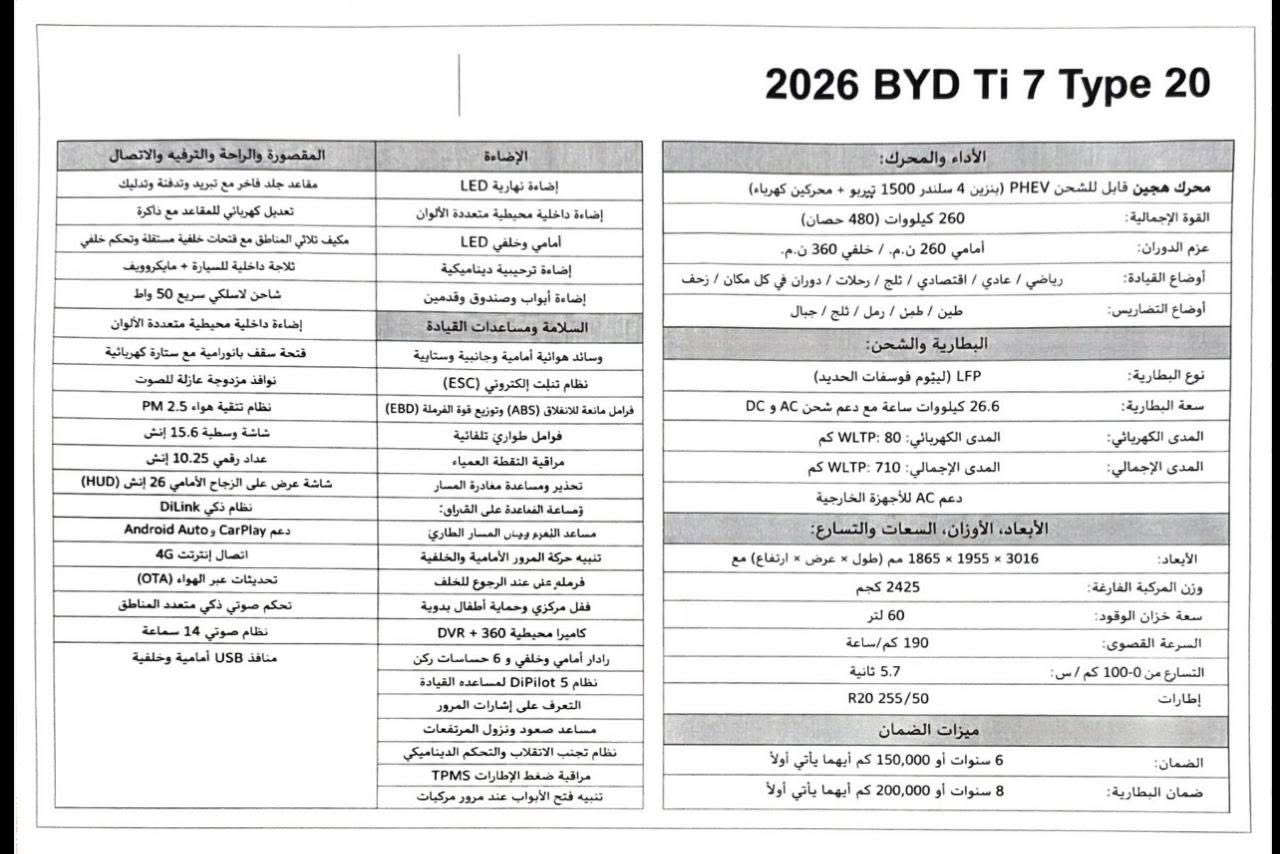 Byd Ti 7 

السلام عليكم وصل الجديد والمميز byd Ti7 

موديل 2026 ❤️❤️❤️❤️❤️❤️❤️

ضمان شركة NAT … الضمان 6 سنوات او 150 الف كم ايهما ياتي اولا 
ضمان البطاريه 200 الف كم او 8 سنوات ايهما ياتي اولا 

فول مواصفات كشنات تبريد تدفئه مساج ثلاجه فور ويل 

*********** 

معرض الرشيد المركزي البياع شارع الاول
