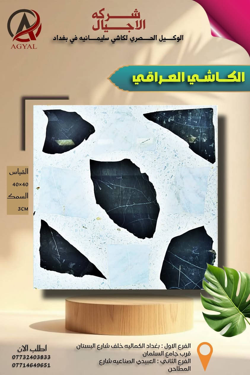 #شركه_الاجيال_للكاشي
#الوكيل_الحصري_لكاشي_سليمانيه 
​🔥 ارتقِ بمساحتك: الأناقة الخالدة بتصميم عصري
​هل تبحث عن اللمسة المثالية التي تجمع بين تاريخ الفخامة وروح التصميم المعاصر؟ نقدم لك بلاطنا الفسيفسائي الفاخر (Terrazzo Style)، المزيج المتقن من الرخام الأبيض الناصع وقطع الفسيفساء السوداء والرمادية الغنية.
​💎 الميزات الرئيسية
​تصميم فريد وجذاب: يتميز بنمط "الفسيفساء الكبيرة" (Agglomerate Terrazzo Look) حيث تتداخل الأشكال البيضاء البارزة مع خلفية حبيبية داكنة، مما يخلق تباينًا دراميًا وعمقًا بصريًا.
​متانة فائقة: مثالي للاستخدام في الأماكن ذات الحركة المرورية العالية مثل مداخل الفنادق، قاعات الاستقبال، والمطابخ. (قد يكون من الرخام أو البورسلان المصقول).
​تشطيب لامع (Polished Finish): سطح مصقول يضفي لمسة من الرقي ويعزز انعكاس الضوء، مما يجعل المساحات تبدو أكثر اتساعًا وإشراقًا.
​سهولة الصيانة: مقاوم للبقع وسهل التنظيف، مما يجعله الخيار العملي والأنيق للمشاريع السكنية والتجارية.
والكاشي العراقي والموزائيك والمطعم بالمرمر 
اجود انواع المواد والحجر  والاسمنت 
بتفاصيل هندسيه دقيقه تكدر تضمن  
وتحصل افضل انواع الكاشي من عدنه 
كل ماعليك زياره موقعنا   او الحجز عبر الارقام التاليه 
العنوان : الفرع الاول: بغداد /الكماليه /خلف شارع البستان مجاور/ جامع السلمان 
الفرع الثاني: بغداد/ العبيدي/ شارع المطاحن 

اطلب الان 
مركز المبيعات
***********
