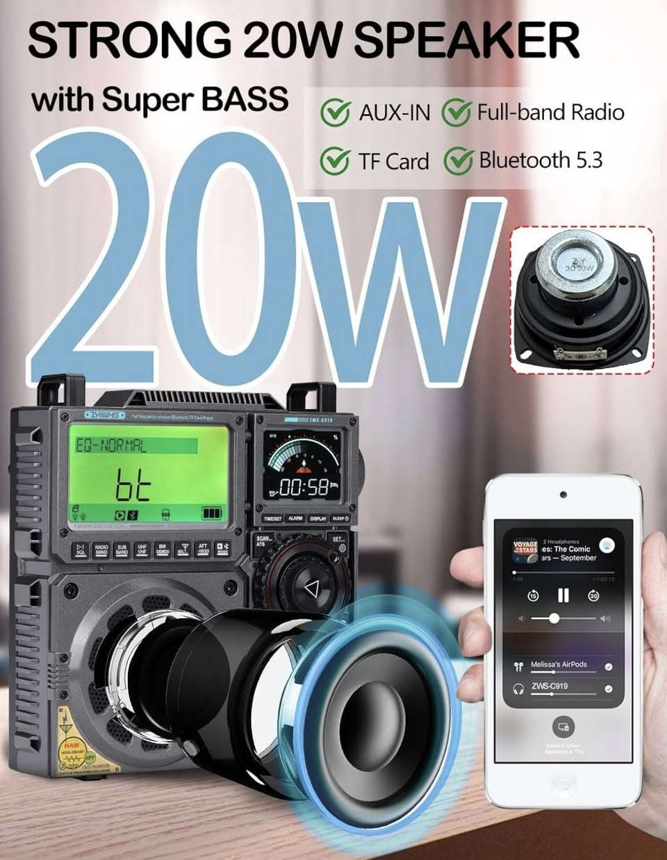 الراديو HanRongDa (HRD-C919) .. 📻
جهاز استقبال عالمي محمول وقوي .. 💪

يتميز بقدرات استقبال كاملة النطاق 

( FM / MW / SW /  SSB / LSB / AIR / CB / VHF / UHF / LW )

يوفر الجهاز 1600 قناة ذاكرة، وبلوتوث 5.3، وتشغيل بطاقة TF، وشاشة LCD مزدوجة كبيرة، مما يجعله مثالياً لعشاق الراديو والموجات القصيرة، مع بطارية 5000mAh لاداء طويل الأمد.

الميزات الرئيسية:

نطاقات الراديو: يدعم نطاقات متعددة مثل AIR، CB، SW، MW، FM، VHF، UHF، و WB (الطقس) مع دعم SSB.

الصوت والوسائط: مكبر صوت ستيريو بقوة 20 واط مع صوت جهير (Bass) عميق، ويدعم تشغيل ملفات MP3/WAV/APRE/FLAC عبر بطاقة TF (تصل إلى 256 جيجابايت).

الاتصال: بلوتوث 5.3، منفذ AUX، وتطبيق للهواتف الذكية (APP) للتحكم عن بعد.

التصميم: شاشة 3.54 بوصة LCD بإضاءة خلفية، جسم متين، أبعاد 19x17x9 سم، ووزن حوالي 1.1 كجم.

الطاقة: بطارية مدمجة بقوة 5000mAh تعمل لأكثر من 30 ساعة، مع منفذ شحن USB-C.

يُعد هذا الجهاز خياراً ممتازاً للمستخدمين الذين يبحثون عن أداء راديو متطور بميزات حديثة

السعر والتفاصيل خاص .. 

متوفر توصيل كل العراق ..


**إذا كنت صاحب هذا الإعلان وتريد حذفه لأي سبب، رجاءا أرسل رسالة إلى الدعم الفني**