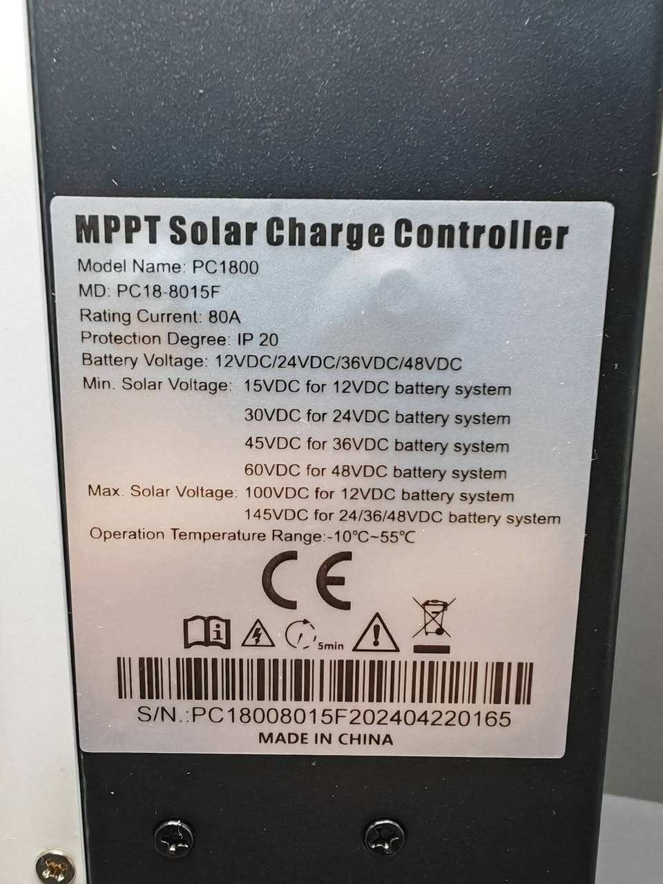 منظم شحن طاقة شمسية 80 امبير جديد غير مستخدم
متوفر منظم شحن طاقة شمسية ماركة MUST، يشتغل بهاي التفاصيل ادناه:
MPPT Solar Charge Controller 
Model Name: PC1800 
MD: PC18-8015F 
Rating Current: 80A 
Protection Degree: IP 20 
Battery Voltage: 12VDC/24VDC/36VDC/48VDC 
Min. Solar Voltage: 15VDC for 12VDC battery system 
30VDC for 24VDC battery system 
45VDC for 36VDC battery system 
60VDC for 48VDC battery system 
Max. Solar Voltage. 100VDC for 12VDC battery system 
145VDC for 24/36/48VDC battery system 
Operation Temperature Range:-10°C-55°C
البيع لاعلى سعر، تفضل خاص وانطيني سعر لان ما اعرف سعره للامانة 
يوجد توصيل لجميع المحافظات ***********

