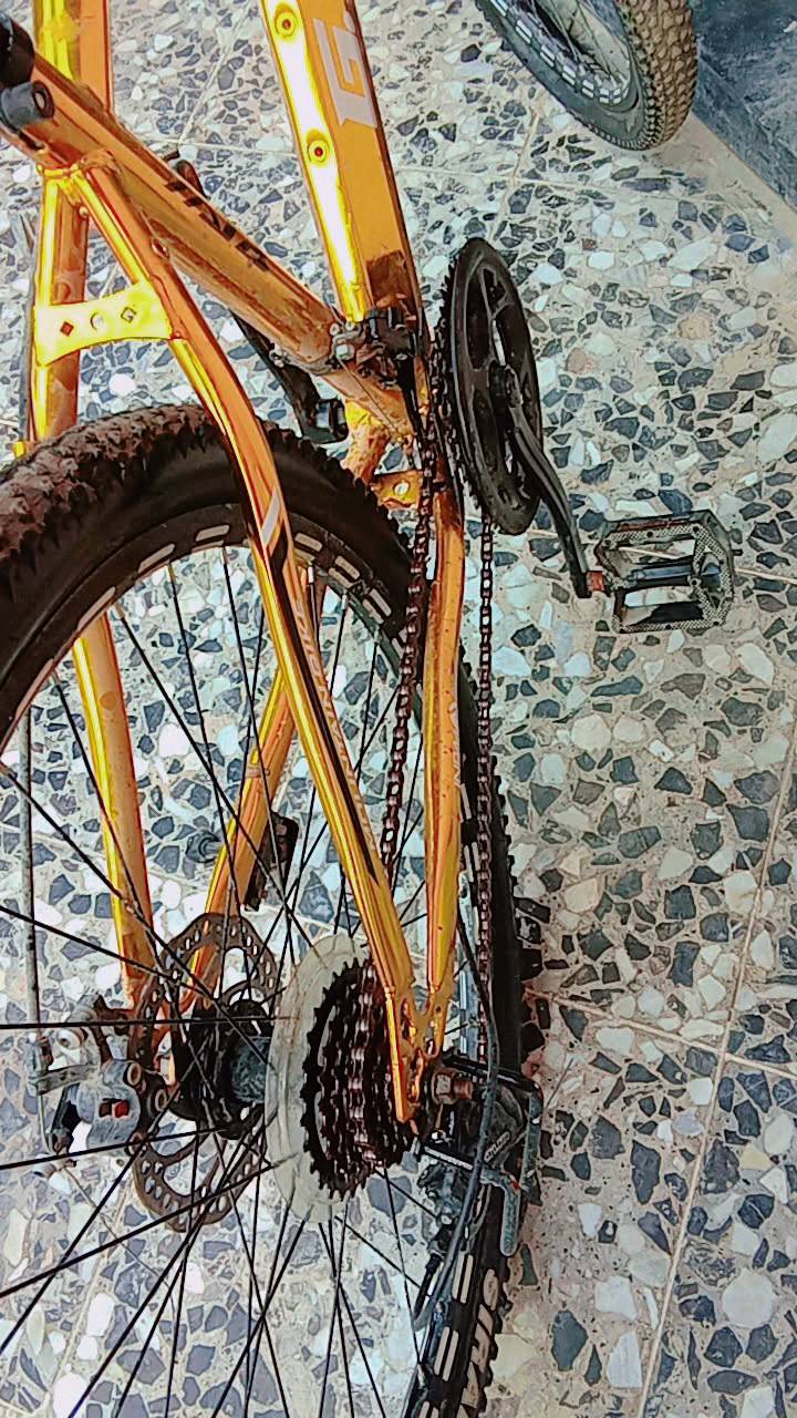 بايسكل GKBike موديل 2025 مع إطار بلون ذهبي لامع. البايسكل مستعمل بحالة ممتازة ويحتوي على ناقل حركة جيد ودواليب متينة. مناسب للرياضة أو الاستخدام اليومي في المدينة.