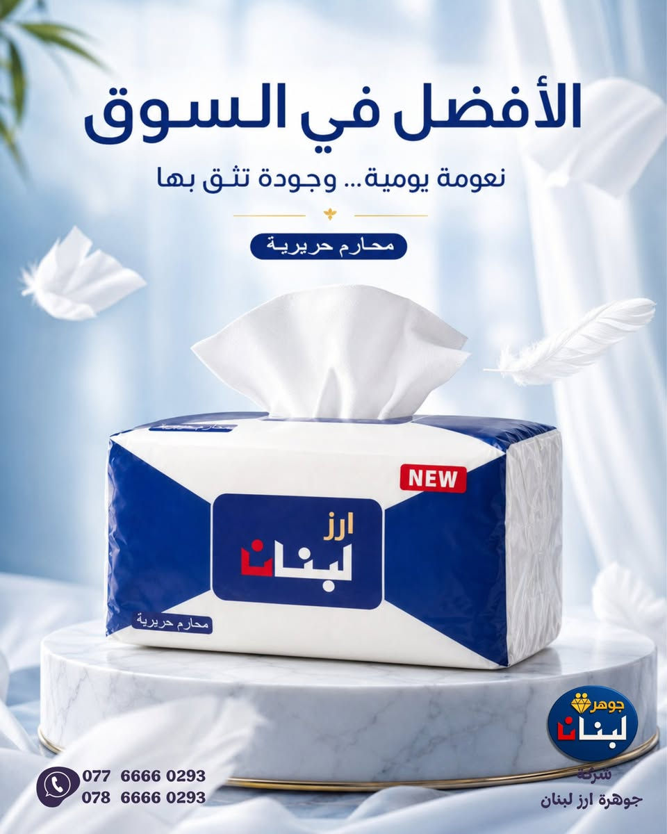 عائلة مناديل أرز لبنان 💙
نعومة، جودة، ونظافة بكل تفاصيل يومك ✨
تشكيلة متكاملة من المناديل الورقية، مناديل المطبخ، المناديل الحريرية، والمناديل المبللة، مصنوعة بعناية لتمنحك الراحة والحماية لعائلتك 🌿

✔️ نعومة فائقة على البشرة
✔️ قوة امتصاص عالية
✔️ جودة تثق بيها
✔️ مناسبة للاستخدام اليومي

أرز لبنان… نظافة تحسها كل يوم 🤍

📞 للتواصل والطلب:
‭0786 666 0293‬
‭0776 666 0293‬

#أرز_لبنان #جوهرة_لبنان #مناديل #مناديل_ورقية #مناديل_مطبخ #عناية #نظافة #الناصرية #العرا

