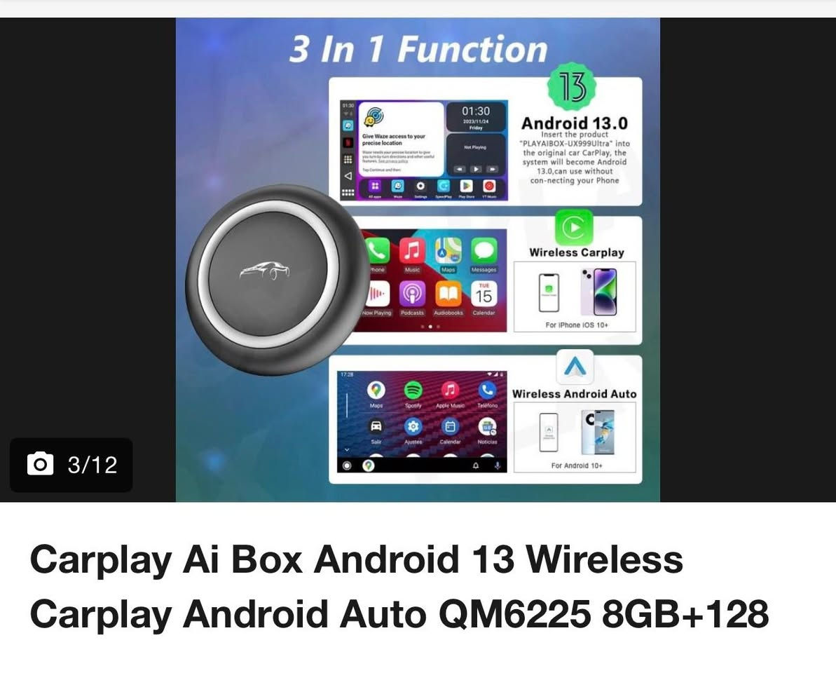 جهاز CarPlay AI Box أسود بتصميم دائري، يُستخدم لتحويل شاشة السيارة إلى نظام أندرويد لتشغيل التطبيقات.يتميز بحواف فضية ويدعم الاتصال اللاسلكي بـ Apple CarPlay و Android Auto.يحتاج الجهاز إلى الاتصال بنقطة اتصال (Hotspot) من الهاتف الذكي لتشغيل الخدمات عبر الإنترنت.
السعر 125 الف


**إذا كنت صاحب هذا الإعلان وتريد حذفه لأي سبب، رجاءا أرسل رسالة إلى الدعم الفني**