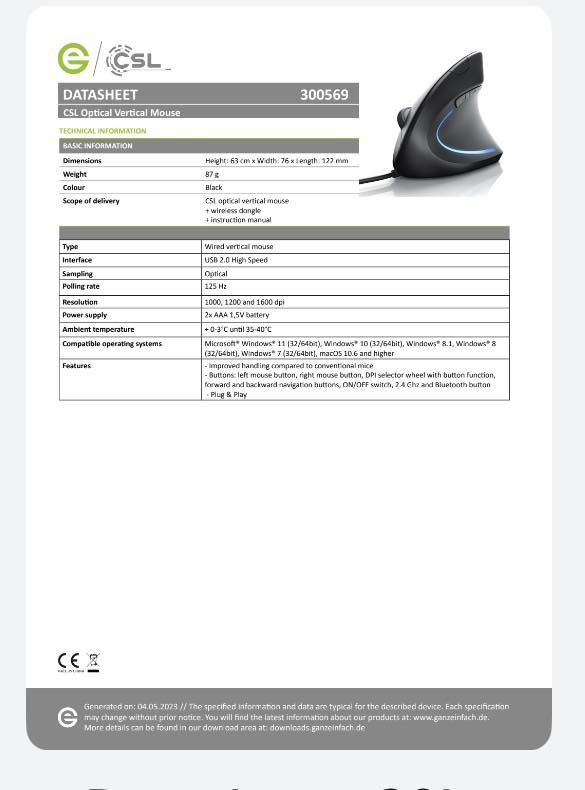 النوع: Wired Vertical Mouse (سلكي عمودي)
• الاتصال: USB 2.0
 • الدقة (DPI): 1000 / 1200 / 1600
 • Polling rate: 125 Hz
 • اللون: أسود
 • مناسب لويندوز: 7 / 8 / 10 / 11
 • مميزات: مريح لليد + أزرار إضافية + Plug & Play

السعر 10


**إذا كنت صاحب هذا الإعلان وتريد حذفه لأي سبب، رجاءا أرسل رسالة إلى الدعم الفني**