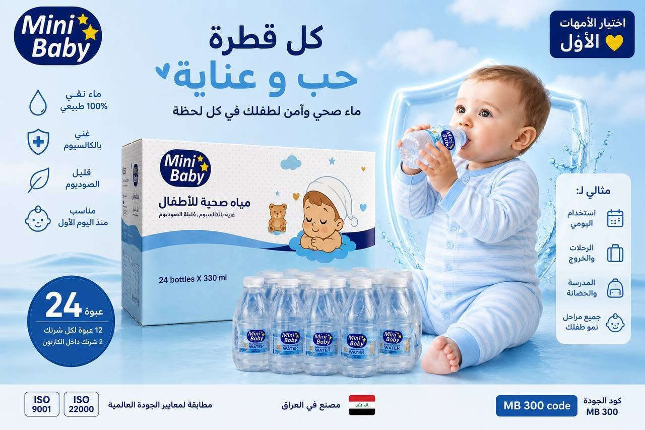ماء اطفال ميني بيبي
صناعة عراقية
ماء قليل الصوديوم
غني بالكالسيوم
متوفر في سنتر الوتين للحليب ومستلزمات الاطفال 
العنوان ناحية الشورة خلف البطاقة الوطنية 
متوفر خدمة توصيل 🚙🚗🚙✅
***********

