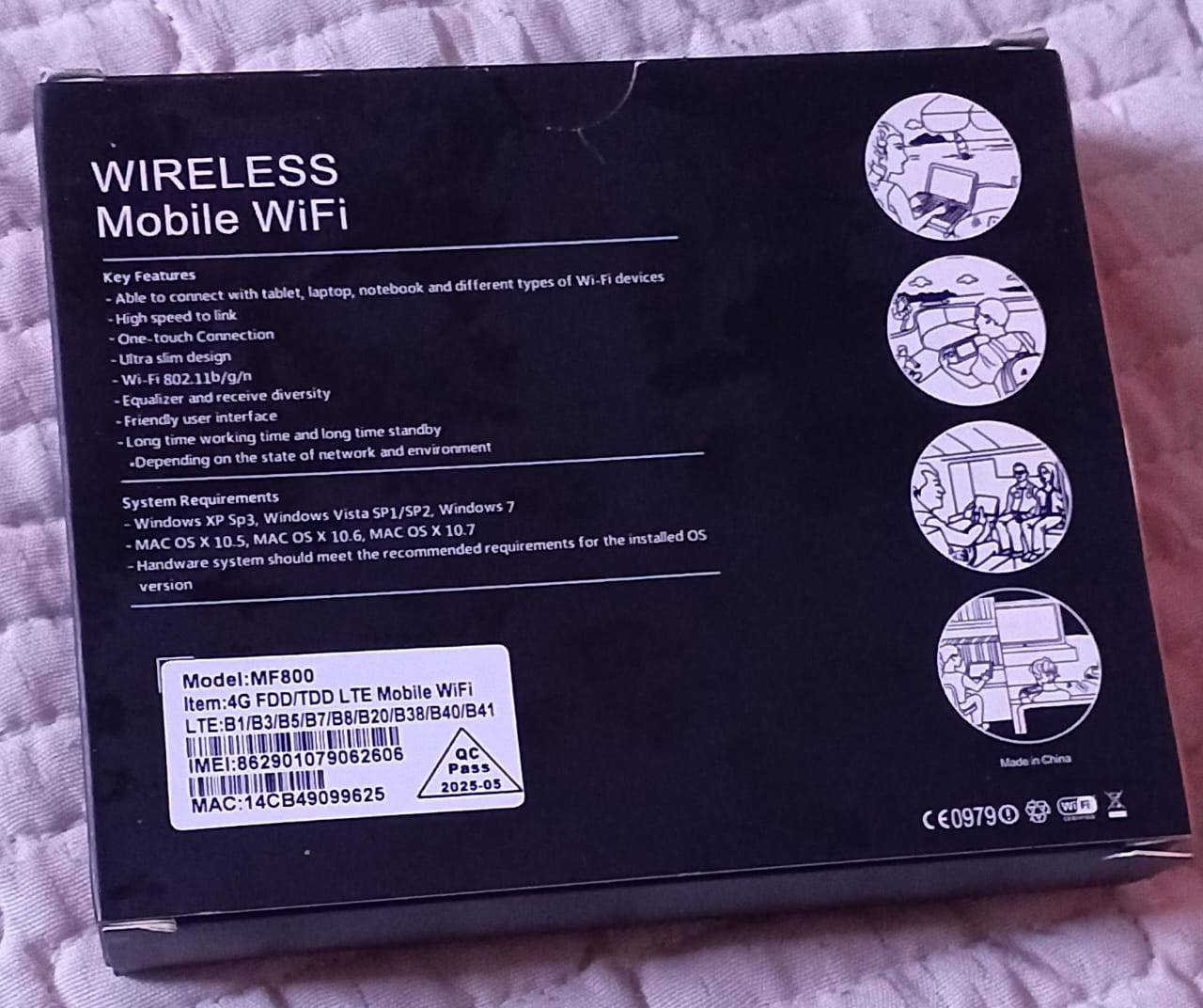 السلام عليكم اخوان يوجد لدينا
راوتر إنترنت متنقل 4G 

مواصفات جهاز WIRELESS Mobile WiFi

🔹 المميزات (Key Features):
يدعم الاتصال مع التابلت، اللابتوب، النوت بوك وجميع أجهزة الواي فاي
سرعة إنترنت عالية
اتصال بلمسة واحدة (One-touch Connection)
تصميم نحيف وصغير الحجم
يدعم Wi-Fi 802.11 b/g/n
تحسين الإرسال والاستقبال (Equalizer and receive diversity)
واجهة استخدام سهلة
وقت تشغيل طويل ووقت استعداد (Standby) طويل
الأداء يعتمد على حالة الشبكة والبيئة
🔹 متطلبات النظام (System Requirements):
Windows XP SP3
Windows Vista SP1 / SP2
Windows 7
Mac OS X 10.5 / 10.6 / 10.7
يجب أن يكون الجهاز مطابق لمتطلبات نظام التشغيل المثبت
🔹 معلومات الجهاز:
الموديل: MF800
النوع: 4G FDD/TDD LTE Mobile WiFi
الشبكات المدعومة:
LTE: B1 / B3 / B5 / B7 / B8 / B20 / B38 / B40 / B41
يدعم شريحة SIM
جهاز محمول وصغير مناسب للسفر والاستخدام اليومي
 سرعة عالية، يشبك أكثر من جهاز، صغير وخفيف وسهل الحمل
مناسب للسفر، العمل، والدراسة

للتواصل 
***********
