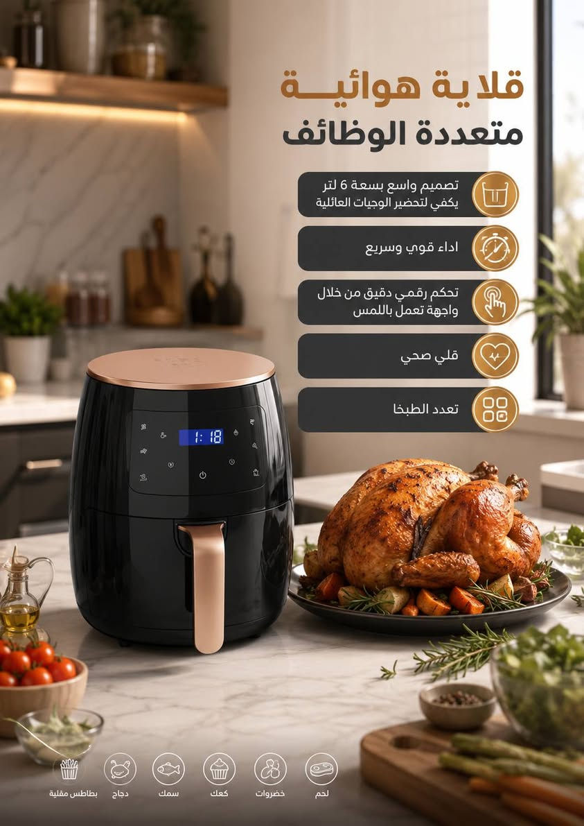 السعر ٤٠ الف وتوصيل مجاني لكافة المحافظات 
🍟✨ قلاية  6 لتر – أكلات مقرمشة وصحية بسرعة!
تحكم رقمي LCD، قلي بدون زيت، متعددة الاستخدامات 🍗🥔🥐
متينة وعملية لكل العائلة.


**إذا كنت صاحب هذا الإعلان وتريد حذفه لأي سبب، رجاءا أرسل رسالة إلى الدعم الفني**