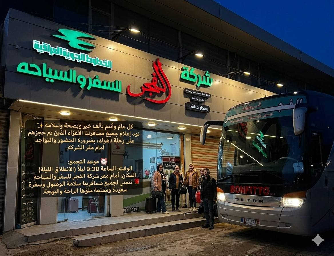 �✨ شركة الفجر  للسفر والسياحة ✨
📞 0775 768 3034 واتساب 
ما حجزت بالعيد بسبب الأسعار الغالية؟ 😔
هسه سوينالكم تخفيضات حلوة وأسعار مناسبة للعوائل 🎉

📅 الانطلاق: يوم الثلاثاء ليلاً
(2026/6/2) 🌙🚌
🏔️ برامج الرحلات:
🔹 دهوك • زاخو • العمادية • عقرة
💰 السعر: 75 ألف
ملاحضه السعر شامل. اجور الكوسترات 
الثلاثاء ليلا 2026/6/2 
🎁 البرنامج يشمل:
✅ فنادق فخمة بسنتر المدينة
✅ وجبات فطور
✅ باصات حديثة ومريحة
✅ جولات سياحية ممتعة
✅ هدايا وجوائز ومسابقات أثناء الرحلة
 شركة الفجر  للسفر والسياحة
#شركة_العائلة_البابلية
📞 احجز الآن – المقاعد محدودة

📍 بابل الحله. شارع 40 فرع مسجد أبو خمره قرب مطعم الو بيروت مجاور صيدليه ابن البيطار 
0775 768 3034
📞 *********** واتساب 
📞 *********** واتساب 
📞 *********** 
📍 بغداد المامؤن مجاور محطه. وقود اليرموك. مجاور مجمع الأندلس 
📞 ***********
@أبرز المعجبين
