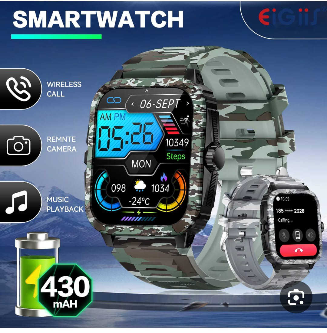 ساعه تكتيكيه عسكريه الذكية  للرجال حاصلة على شهادات عسكرية وتتحمل الظروف البيئية القاسية بما في ذلك مقاومة الحراره
ومقاومة البرد 
 ومقاومة الرطوبة
مقاومة رذاذ الملح
  ومقاومة الماء حتى عمق 5 أمتار
 اشعارات الهاتف 
 المكالمات والإشعارات ورسائل 
الذكية بتقنية الذكاء الاصطناعي 
تعمل بنظام اندرويد
  100 وضع تمرين رياضي تناسب مختلف عادات اللياقة 
عمر بطارية طويل
   بعمر بطارية استثنائي يصل إلى 25 يومًا
  توقعات الطقس
ومساعد صوتي بتقنية الذكاء الاصطناعي 
 اوجهاز تحكم عن بعد للكاميرا
 وساعة إيقاف 
وتذكير بشرب


**إذا كنت صاحب هذا الإعلان وتريد حذفه لأي سبب، رجاءا أرسل رسالة إلى الدعم الفني**