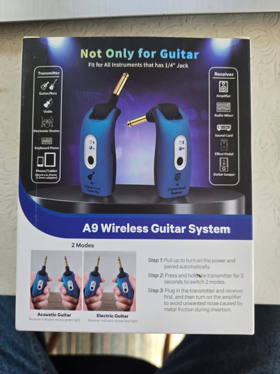 نظام جيتار لاسلكي طراز A9 من Ingpartner.
يعمل بتردد 2.4 جيجا هرتز.
يتميز بزاوية دوران للقابس تصل إلى 270 درجة.
نطاق الإرسال يصل إلى 30 مترًا تقريبًا (100 قدم).
يحتوي على بطارية ليثيوم مدمجة قابلة لإعادة الشحن.
الترجمة
ليس للجيتار فقط
مناسب لجميع الآلات التي تحتوي على مقبس 1/4 بوصة
جهاز الإرسال
جيتار/باس
طبول إلكترونية
بيانو لوحة مفاتيح
هاتف/تابلت
بطاقة صوت
جهاز الاستقبال
مضخم صوت
خلاط صوت
بطاقة صوت
دواسة تأثير
جيتار كوبر
نظام جيتار لاسلكي A9
وضعان
جيتار صوتي
جيتار كهربائي
الخطوة 1: اسحب للأعلى لتشغيل الطاقة والمزاوجة تلقائيًا.
الخطوة 2: اضغط مع الاستمرار على جهاز الإرسال لمدة 3 ثوانٍ للتبديل بين الوضعين.
الخطوة 3: قم بتوصيل جهاز الإرسال والاستقبال أولاً، ثم قم بتشغيل مكبر الصوت لتجنب أي ضوضاء غير مرغوب فيها.


**إذا كنت صاحب هذا الإعلان وتريد حذفه لأي سبب، رجاءا أرسل رسالة إلى الدعم الفني**