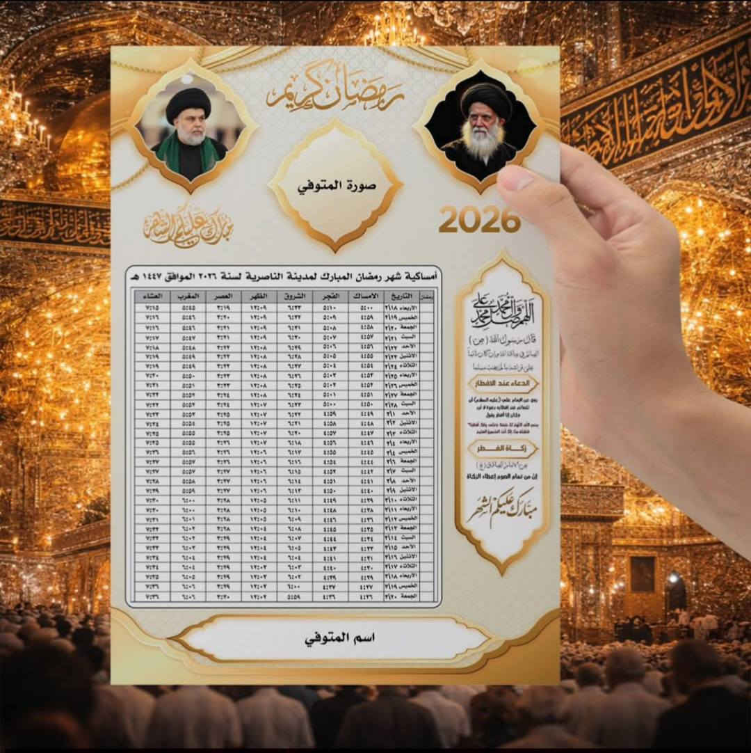 🌙 #إمساكيات #شهر #رمضان #المبارك
نوفر لكم إمساكيات شهر رمضان المبارك خاصة بقضاء الرفاعي فقط

100 امساكية ب 5 الف
150 امساكية ب 8 الف
200 امساكية ب 10 الف
300 امساكية ب 15 الف
400 امساكية ب 20 الف
500 امساكية ب 25 الف

(((‏توصيل مجاني))) 

🖨️ طباعة واضحة – ورق ممتاز – تصميم أنيق
📄 مناسبة للمحلات، الجوامع، الحسينيات، البيوت
📍 التوقيتات دقيقة حسب قضاء الرفاعي
📦 الكميات متوفرة – أسعار مناسبة
📩 للطلب والاستفسار مراسلتنا خاص 
او لأتصال على ***********  /  ***********
