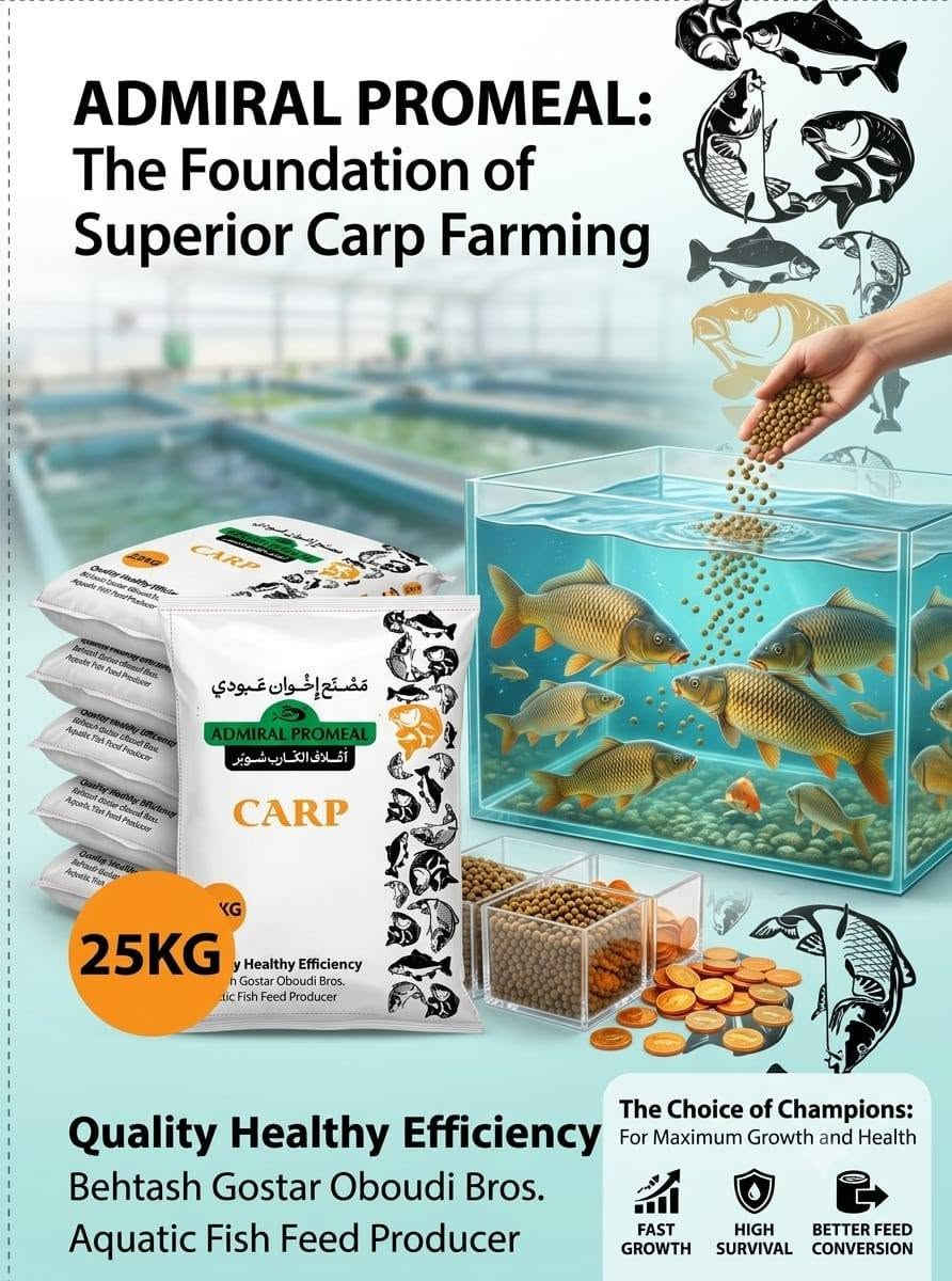 🐟 أدميرال بروميل (ADMIRAL PROMEAL) | أساس الاستزراع السمكي الناجح 🐟
​لأن إنتاجك يستحق الأفضل.. اختر العلف السوبر لأسماك الكارب!
​نهتم في مَصْنَع إِخْوَان عَبُودِي بتقديم أعلى مستويات الجودة التي تضمن لك تحقيق طفرة في أوزان الأسماك وصحتها خلال وقت قياسي. نضع بين يديك أعلاف الكارب سُوبر المبتكرة بأحدث التقنيات لرفع كفاءة مزارعك وزيادة أرباحك.
​✨ لماذا تختار أعلاف الكارب سُوبر من أدميرال بروميل؟
​📈 نمو سريع وفائق (Fast Growth): تركيبة غنية بالبروتينات ومحفزات النمو الطبيعية (بنسبة 1%) لتسريع عملية التسمين والوصول للأوزان التسويقية المثالية.
​🛡️ معدل بقاء ومناعة أعلى (High Survival): مدعّم بالفيتامينات والمعادن الأساسية، الكولين، وممتصات السموم الفطرية لحماية الأسماك ورفع مناعتها ضد الأمراض.
​🎯 تحويل غذائي ممتاز (Better Feed Conversion): صُمم العلف لضمان أعلى كفاءة امتصاص واستفادة من كل غرام، مما يقلل الهدر ويوفر التكلفة الإنتاجية.
​💧 حماية البيئة المائية: ثباتية العلف ممتازة في الماء، مما يحافظ على نظافة الحوض ونقاء المياه لفترات أطول.
​📋 تغطية كاملة لكافة المراحل الإنتاجية (بأعلى نسب بروتين معتمدة):
​نرافقك خطوة بخطوة في دورتك الإنتاجية عبر توفير الأعلاف المخصصة لكل مرحلة:
​أعلاف البادئ (Starter): (بروتين 38% - 40%) للتأسيس القوي.
​أعلاف النمو (Grower): (بروتين 34% - 36%) لدعم الهيكل والنمو المتناسق.
​أعلاف التسمين (Finisher): (بروتين 29% - 33%) لزيادة اللحم والأوزان النهائية.
​أعلاف الأمهات (Broadstock): (بروتين 28% - 32%) لإنتاجية مستدامة.
​📐 المواصفات الفنية والتعبئة:
​شعارنا الدائم: جودة، صحة، كفاءة (Quality Healthy Efficiency).
​الوزن الصافي: عبوات معبأة ومغلقة بإحكام بحجم 25KG لحماية المنتج.
​الشهادات العالمية: مُنتج وفقاً لأعلى معايير الجودة ومطابق لشهادات ISO 9001 ونظام الأمان الغذائي HACCP.
​🚚 متوفر الآن للاستفسار *********** 
​مستعدون لتلبية طلبات المزارع الكبرى والمشاريع الاستثمارية وبأفضل الأسعار التنافسية في السوق،
