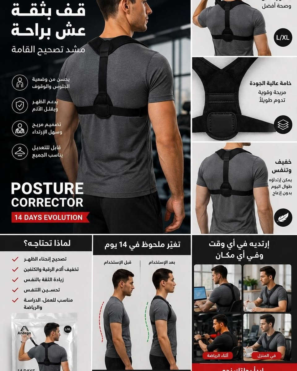 المظهر الجذاب يبدأ من قوامك! 🌟
​
الوقفة أو الكعدة الغلط ممكن تخرب شكل اللبس وتسبب ألم دائم. مشد تصحيح القامة هو السر اللي يخلي مظهرك دائماً مرتب وصحي، سواء بالشغل أو بالطلعة.
​خفيف الوزن وما يسبب إزعاج.
​يعدل الكتف والظهر بدون ضغط مؤذي.
​تصميم فرنسي ذكي يدوم طويلاً.
​لا تخلي ألم الظهر يسيطر على يومك، اطلبه الآن وجدّد نشاطك!
​💌 لتثبيت الحجز  واتساب***********
