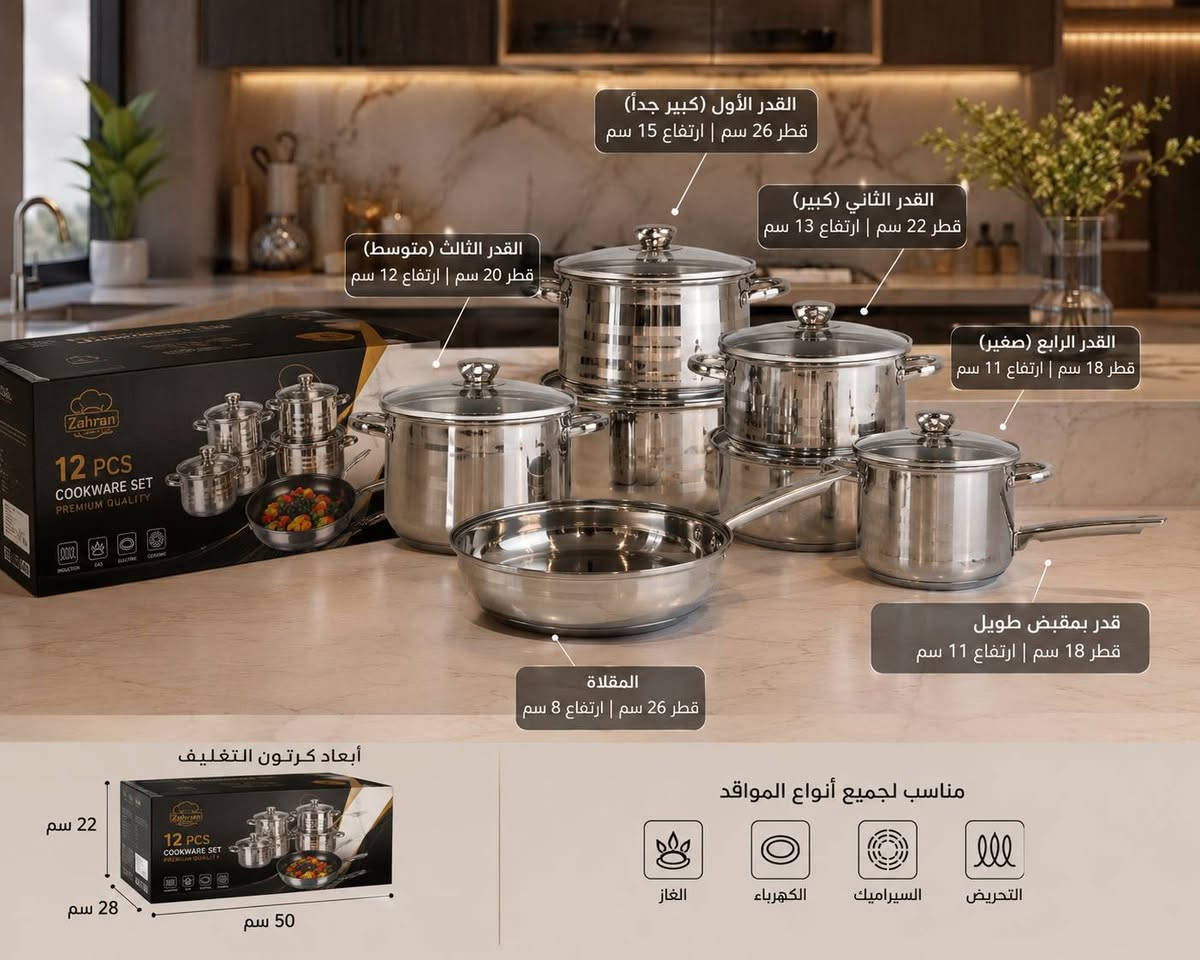 بسم الله الرحمن الرحيم 🌹
طقم قدور ستانلس ستيل فاخر 6 قطع🥰حول مطبخك إلى مطبخ احترافي مع طقم القدور العملي والأنيق المصنوع من الستانلس ستيل عالي الجودة المصمم لتحمل الاستخدام اليومي وتوزيع الحرارة بشكل متساو للحصول على أفضل نتائج

🚛اطلبي الآن قبل نفاد الكمية واستمتعي بطبخ أسهل ومظهر أجمل المطبخك!
ويوجد توصيل

💌للطلب راسلنا الآن على  الواتساب 
ضمان عليه 12شهر 🔨
وسعر مناسب جدأ


**إذا كنت صاحب هذا الإعلان وتريد حذفه لأي سبب، رجاءا أرسل رسالة إلى الدعم الفني**