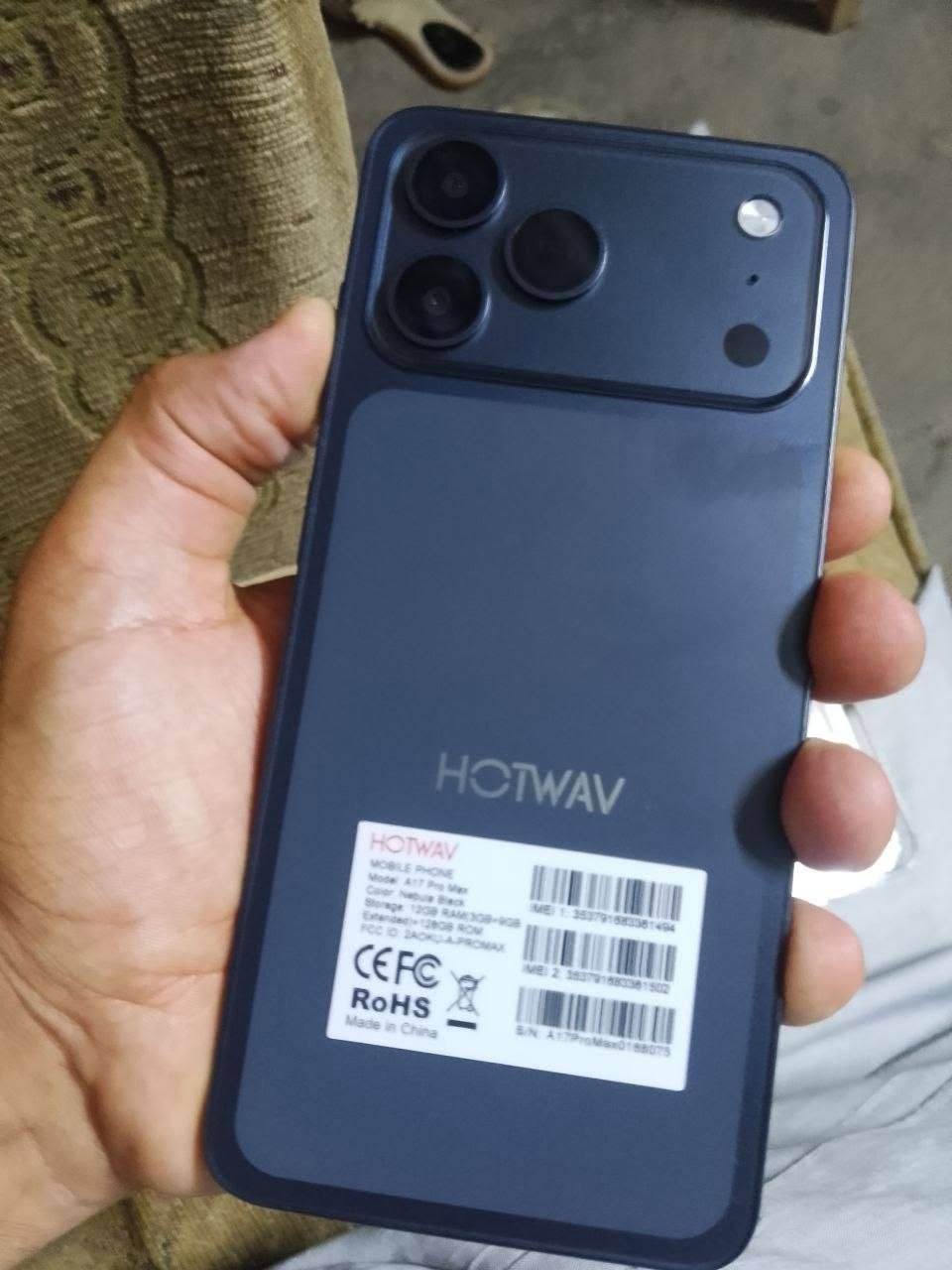 السلام عليكم جهاز جديد البارحه فاتحه من كارتونه السعر 250 وبي مجال *********** 
HOTWAV A17 Pro Max       الاسم
ذاكره 128 
عنواني بغداد حي رئاسه مال عبيدي
