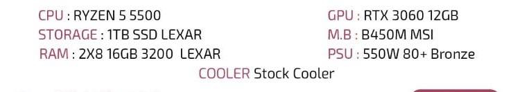 السلام عليكم ورحمة الله وبركاته
Pc gaming + شاشات 

حاسبة للبيع مع جميع ملحقاتها مواصفات الحاسبه 

معالج 5 5500
كارت الشاشة 3060 12b
رام 2x8 16gb 3200 lexar
المذر بورد b450 msi
المساحة 1tb ssd lexar

شاشة سامسونج اطار رفيع 75 hz
الشاشة الثانوية من شركة sansui 100 hz
الماوس من شركة اتارك شارك x11 لون ابيض
الكيبورد k75pro
مايك من شركة fduce برودكاست
ستاند لحامل الشاشات
ماوس باد ضد الماء

التجميعة كلفتني مليون و 615 جديدة استخدمه اقل الشهر

السعر : مليون و 240 بيها مجال بسيط


**إذا كنت صاحب هذا الإعلان وتريد حذفه لأي سبب، رجاءا أرسل رسالة إلى الدعم الفني**