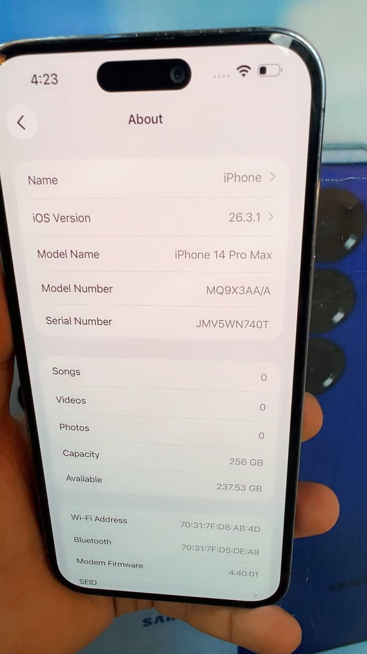 السلام عليكم 
ايفون 📲 14 برو ماكس 
لون  بنفسجي مميز 
بطاريه 🔋90
ذاكره 256
شرق اوسط عربي 
نموذج M
جهاز اخو الجديد 
مكفول كفاله عامه من فتح وتصليح 
هديه  لزكه  + فلاتر سماعه 
السعر / 840 وبي مجال بسيط حك جيه
العنوان / الدوره شارع الصحه 
للتواصل / ***********
