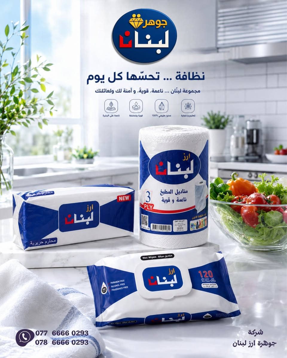 عائلة مناديل أرز لبنان 💙
نعومة، جودة، ونظافة بكل تفاصيل يومك ✨
تشكيلة متكاملة من المناديل الورقية، مناديل المطبخ، المناديل الحريرية، والمناديل المبللة، مصنوعة بعناية لتمنحك الراحة والحماية لعائلتك 🌿

✔️ نعومة فائقة على البشرة
✔️ قوة امتصاص عالية
✔️ جودة تثق بيها
✔️ مناسبة للاستخدام اليومي

أرز لبنان… نظافة تحسها كل يوم 🤍

📞 للتواصل والطلب:
‭0786 666 0293‬
‭0776 666 0293‬

#أرز_لبنان #جوهرة_لبنان #مناديل #مناديل_ورقية #مناديل_مطبخ #عناية #نظافة #الناصرية #العرا
