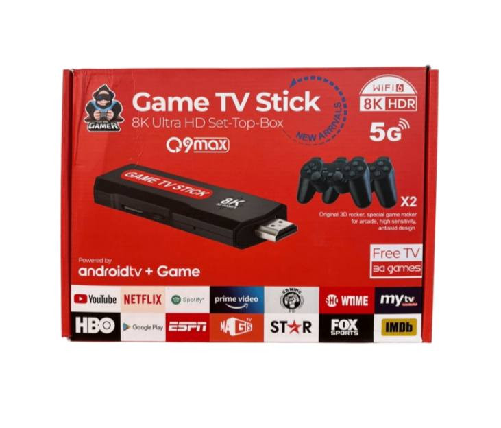 وتحكم مزدوج

الاستخدامات

تحويل أي تلفزيون إلى جهاز ألعاب متكامل خلال ثوانٍ.

تشغيل آلاف الألعاب الكلاسيكية والحديثة مباشرة على التلفزيون.

استخدامه كـ Android TV Box لمشاهدة YouTube، Netflix، Prime Video، وغيرها.

مناسب للعب الجماعي مع العائلة أو الأصدقاء بفضل يدتي تحكم.

مثالي للأطفال والكبار ومحبي الألعاب الكلاسيكية.

المميزات

يدعم دقة عرض 8K Ultra HD + HDR لصورة أوضح وألوان أقوى.

يعمل بنظام Android TV مع دعم تحميل التطبيقات من Google Play.

يحتوي على أكثر من 30,000 لعبة(حسب الإصدار).

معالج Quad-Core CPU مع GPU قوي لأداء سلس.

اتصال Wi-Fi 5G  2.4G لسرعة واستقرار أعلى.

يدعم Chromecast built-in لبث المحتوى من الهاتف للتلفزيون.

يدتي تحكم لاسلكية بتصميم مريح واستجابة عالية.

ريموت كنترول للتحكم الكامل بالنظام والتطبيقات.

يدعم لغات متعددة.

تشغيل مباشر بدون تعقيد (Plug & Play).

محتويات الصندوق

جهاز Game TV Stick 8K

عدد 2 يد تحكم ألعاب

ريموت كنترول

كابل HDMI

كابل طاقة USB

مستقبل USB لليدات

دليل المستخدم

الملاحظات

تشغيل الجهاز يتطلب اتصال بالواي فاي.

قد تختلف واجهة الألعاب أو عددها حسب التحديث.

لا يحتاج اشتراك شهري.

متوافق مع أغلب شاشات التلفزيون الحديثة.

قياس الكارتون:

- الطول: 24 سم
- العرض: 18 سم
- الارتفاع: 7 سم
(((💸 السعر: 40,000 د.ع + 🚚 التوصيل: 3000 د.ع لمحافظة بغداد  وغير محافظات 5000 د.ع💯))) والدفع عند الاستلام .يعني حقك مضمون
للطلب التواصل على رقم الواتساب ***********
او مراسلتي للاستفسار
