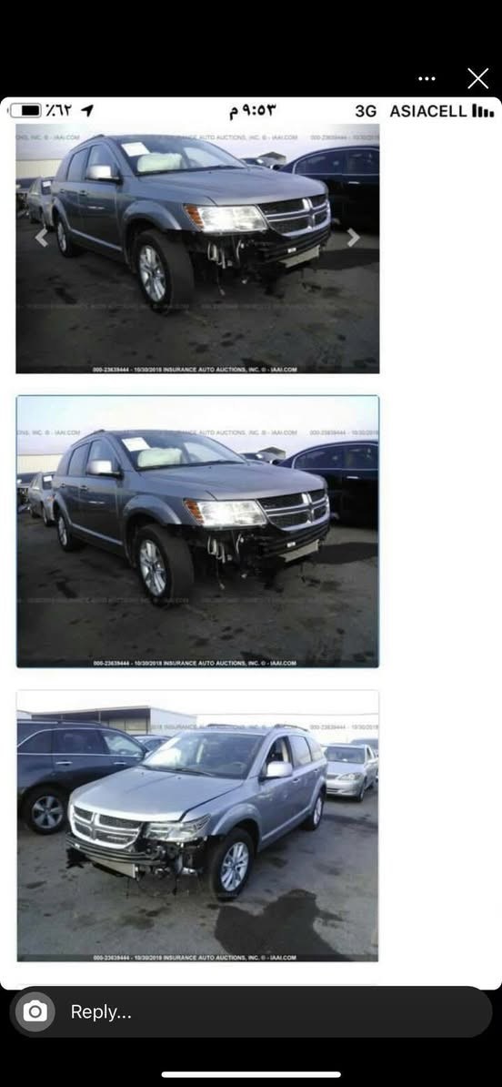 Dodge journey (3.6L) 
2018 sxt 
4*4
دوج جورني ٦سلندر 
٧ راكب
تبريد ٣قطع
تشغيل عن بعد 
فور ويل 
رقم شمالي (سليمانية ) سنوية منتهية
فول مواصفات عدى الفتحه
بيها فقط دعامية 
حادثها  بالصور 
السعر ١٦٥ وبيها مجال
مكان السيارة  
بغداد الرصافة  
***********
