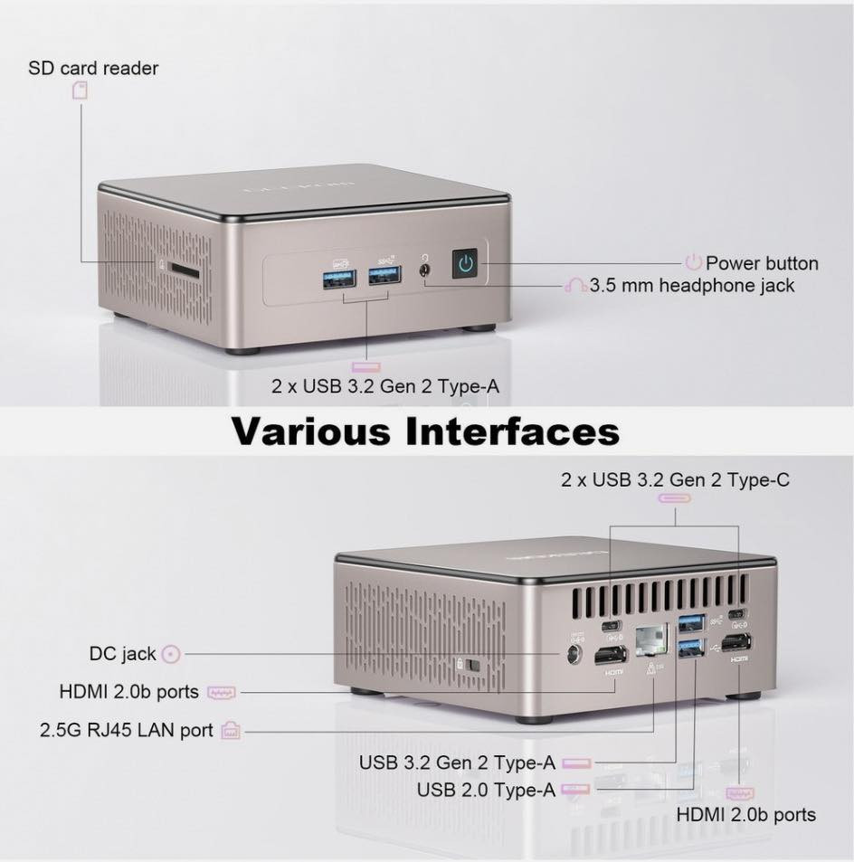 🚀 GEEKOM A5 Mini PC | Powerful Performance
• Model: GEEKOM A5 (Regulatory Model: A 5)

• Processor (CPU): AMD Ryzen™ 7 5800H
(8 Cores / 16 Threads, up to 4.4GHz Max Boost)
• Graphics (GPU): AMD Radeon™ Graphics
• Memory (RAM): 32GB DDR4 SO-DIMM
• Storage (SSD): 512GB M.2 NVMe PCIe SSD
• Operating System: Windows 11 Pro (Pre-installed)
• Connectivity: Wi-Fi 6 + Bluetooth 5.2
• Ports: Dual HDMI 2.0, USB-C, USB 3.2 Gen 2, 2.5G LAN
• Compact Design: Ultra-small form factor, perfect for home office, gaming, and 4K media

هذا الجهاز يعتبر "وحش صغير"؛ مواصفاته ممتازة جداً بالنسبة لحجمه، خاصة مع وجود 32 جيجا رام ومعالج Ryzen 7 من الفئة H القوية ويدعم الكثير من الالعاب بسلاسة وجودة ممتازة

التواصل واتس اب او خاص ماسنجر 

***********
