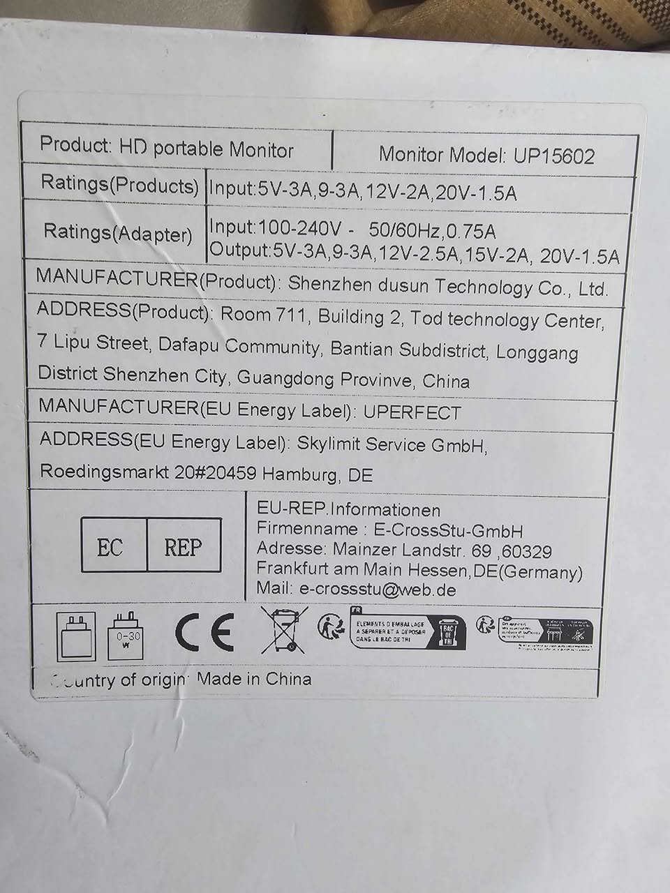 للبيع: شاشة محمولة (Portable Monitor)
​المواصفات التقنية:
​الموديل: UP15602
​الشركة المصنعة: Shenzhen dusun Technology Co., Ltd.
​الطاقة (المدخلات): 5V-3A, 9-3A, 12V-2A, 20V-1.5A
​المنافذ المتاحة: Type-C (C1, C2)، ومنفذ HD
​المحتويات: الشاشة مع كامل ملحقاتها ودليل المستخدم الأصلي داخل الصندوق. النجف, العراق


**إذا كنت صاحب هذا الإعلان وتريد حذفه لأي سبب، رجاءا أرسل رسالة إلى الدعم الفني**