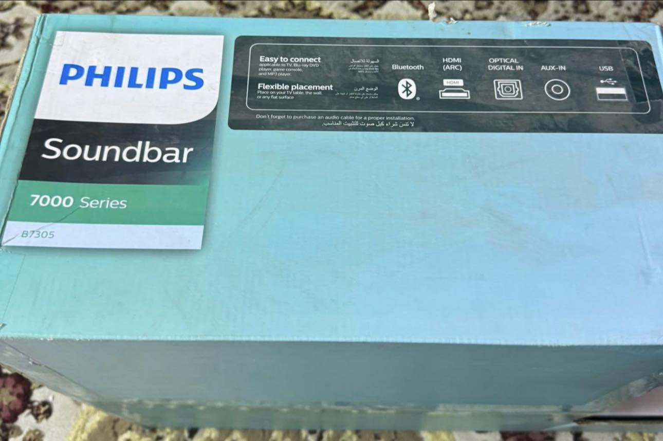 Philips soundbar B7305
القطعة جديدة غير مستخدمة باللوك مال الشركة بيدك تفتحه 

السعر 225 الف 

Audio Inputs

Digital Optical TOSLINK, HDMI, 3.5 mm Jack, USB, AUX

Compatible Brand

Universal

Color

Black

Connectivity

Bluetooth, Wireless, Wired, HDMI

Impedance

6 Ohms

RMS Power

300 W

Shape

Rectangular

System Configuration

2.1 Channel

Surround Sound Formats

Dolby Digital Plus, Dolby Digital

Features

Bluetooth, Remote Control

Compatible Model

Universal


**إذا كنت صاحب هذا الإعلان وتريد حذفه لأي سبب، رجاءا أرسل رسالة إلى الدعم الفني**