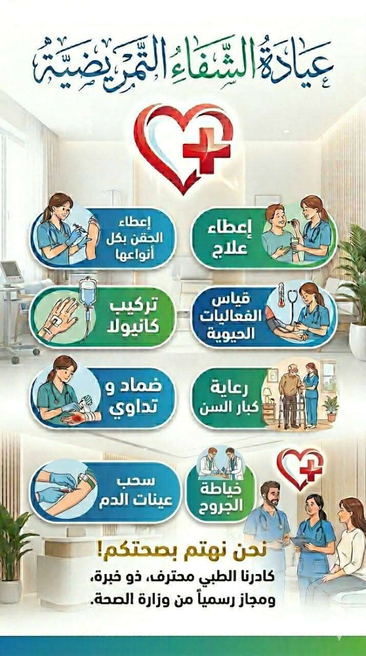 🏥✨ عيادة الشفاء التمريضية ✨🏥

راحتكم… عنايتنه ❤️خدمات تمريضية متكاملة بأيدي كادر محترف وخبرة عالية نقدم لكم الرعاية والدقة والاهتمام على مدار اليوم 🌟

💉 الحقن بأنواعها ( العضليه - الويديه - تحت الجلد ) بأفضل معايير التعقيم 

🩺 تركيب الكانيولا لكافة الأعمار 
💊 إعطاء العلاجات والمغذيات
🌡️قياس العلامات الحيويه ( الضغط والسكر والحراره والنبض ونسبة تشبع الأوكسجين ) 
👂تثقيب الاذان 
🩹ضماد وخياطة الجروح وتضميد 
الحروق 
🗣️تبخير
🧑‍🦽تجبيس الكسور 
🧓رعاية كبار السن 
💉سحب عينات الدم (سحب عينات الدم في المنزل )

🏠 كل هذا وخدمة #التمريض_المنزلي متاحه 24 ساعه   ( رعايه تمريضيه شامله في راحة منزلك ) لكافة أحياء قضاء الشاميه 

...وكذلك متوفر داخل العياده 👩‍⚕️ #كادر نسائي مختص

👭متوفر مكان مختص للنساء وبخصوصيه تامه للمريض  

⏰ساعات العمل متواجدين طيلة أيام الاسبوع من الساعه 3 عصرا الى الساعه 12 ليلا 

العنوان
📍 الشامية – الشارع العام – مقابل منطقة سيد رافع مجاور الدلال 

📞للاستفسار والتواصل واتساب معنا 
الممرض الفني حسن عدنان ***********

عيادة الشفاء التمريضيةثقتكم بين إيادي أمينة 🤍

👈علما أن 
متوفر صيدليه مجاور العياده التمريضية 
من بريد الصفحه
