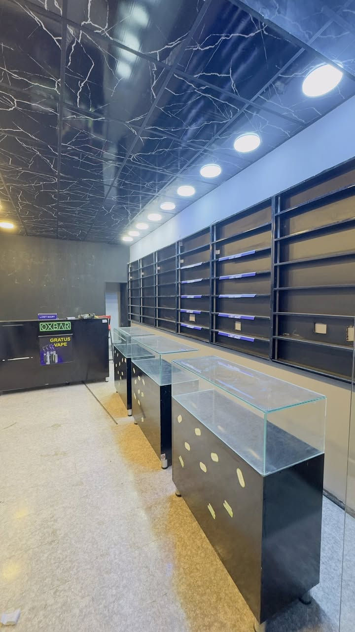 رفوف عدد 6 تحتوي على انارات جانبيه وڤاترينات عدد 3 وميز كاشير للبيع للتواصل ***********
