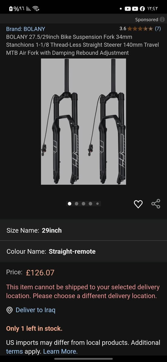 المواصفات :
مقاس الفريم L
مقاس التاير 27.5
 دبل هايدروليك يعمل بضغط الهواء و قابل للقفل و الفتح من  شركة Bolany 
 بريكات هايدروليك شركة shimano اليابانية 
ستيرن المنيوم رياضي قياس ٧٠ ياباني
مسكات ستيرن موشم شركة Seer الامريكية 
مجمع سنكل سبيد قياس 36T شركة bolany
زنجيل ذهبي شركة YBN التايوانية 12 سرعة 
مكينة شيمانو ديور 12 سرعة سلفر 
عقرب شيمانو ديور ياباني مختوم 12نمرة فول المنيوم 
بايدرات المنيوم من شركة Bolany لون بنفسجي 
الفلنج الخلفي فقط استعراضي من شركة Bolany  قياس 160mm
عداد سرعة Xoss
بايسكل ما طالع بيه بس ٣ مرات جديييد 
السعر ٧٠٠ و بيه مجال بسيط للشراي
للتواصل *********** ماسنجر ما عندي
