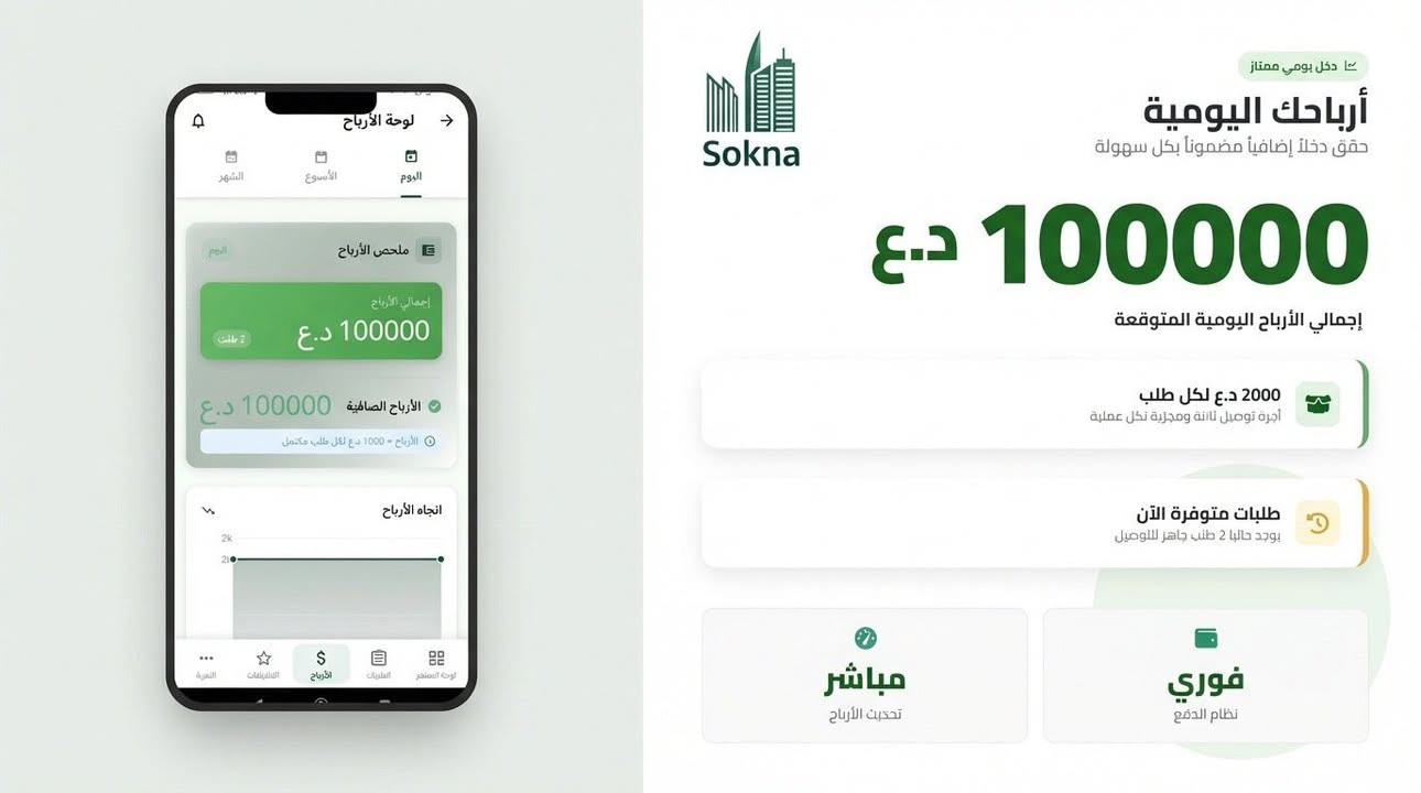 إعلان عمل – شركة سوقنا لتوصيل الطلبات

تُعلن شركة سوقنا عن فتح باب التسجيل كسائق توصيل ضمن فريقنا، للعمل في مجال توصيل طلبات الطعام والمتاجر داخل مدينة الفلوجة ونواحيها.

🕒 ساعات العمل:
من 6 إلى 8 ساعات يومياً،
مع إمكانية زيادة عدد الساعات حسب رغبة الدلفري.

💰 أجور التوصيل:
 • داخل المدينة: 2000 دينار لكل طلب
 • الصقلاوية: 7000 دينار
 • الكرمة: 7000 دينار
 • النعيمية: 4000 دينار
 • السكنية والجامعة: 5000 دينار
 • قرية المختار: 4000 دينار

🔹 العمل بدوام مرن
🔹 زيادة الدخل حسب عدد الطلبات
🔹 فرصة حقيقية للانضمام إلى مشروع متطور وسريع النمو

📞 للتسجيل والتواصل على رقم الشركة:
***********
