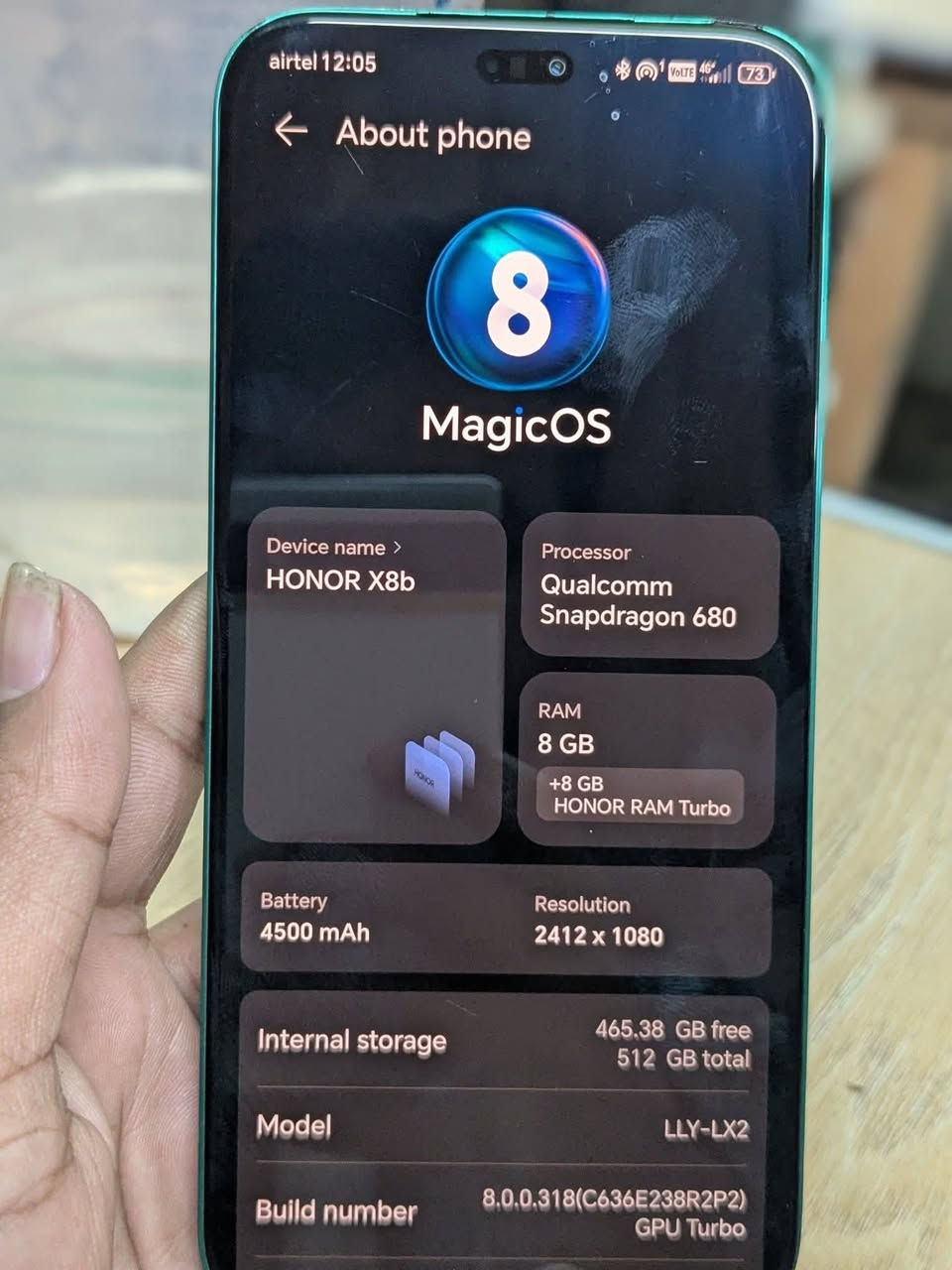 ‏HONOR X8B هاتف هــونــر مراوس فقطططط
: قيـاس 6.7 بـدقـة AMOLED تـردد 90Hz
 : خلفيـة ثـلاثيـة 108+5+2 أمـاميـة 50
: ذاكـرة 512 جيجابايت عشـوائية 12 جيجابايت 
‏: SNAPDRAGON 680 4G ثمـانـي النـواة 6 نـانـومتـر
 : 4500 مللـي أمبيـر تـدعـم الشحـن السـريـع بقـوه 35 واط 
‏: ANDROID 13 واجهـة MAGICOS 7.2
: شـاشـة عمـلاقـة تغطي معظـم واجهـة الهـاتـف بـلا حـواف  
تصميـم مميـز جـداً  كـاميـرا بـدقـة FHD  
وزن الهـاتـف خفيف جـداً 
 كـاميـرا أمـاميـة بـدقـة عـاليـة مع فلاش LED  معـالـج يقـدم أداء ممتـاز


**إذا كنت صاحب هذا الإعلان وتريد حذفه لأي سبب، رجاءا أرسل رسالة إلى الدعم الفني**