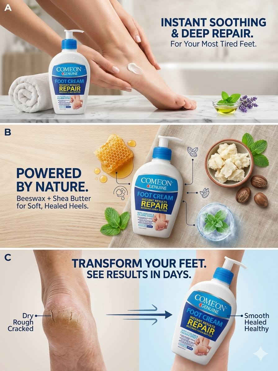 ## 👣 سر الخطوات الواثقة والنعومة الفورية! ✨
هل تعبت من جفاف القدمين والتشققات المزعجة التي تُفسد راحتك؟ حان الوقت لتودع هذا العناء وتمنح قدميك العناية الاحترافية التي تستحقها مع كريم **COME'ON FOOT CREAM REPAIR**. تحوّل كامل من الجفاف القاسي إلى النعومة الفائقة بلمسة واحدة!
### 🌟 ما الذي يجعل هذا الكريم خيارك السحري؟
 * **إصلاح فوري وعميق:** تركيبة متطورة صُممت خصيصاً لتخترق طبقات الجلد الجافة، لتعالج التشققات وتمنحك نتائج ملحوظة من أول استخدام.
 * **قوة الطبيعة الثنائية:** يجمع بين غنى **زبدة الشيا** التي ترطب بأقصى عمق، وفوائد **شمع العسل** الطبيعي الذي يعمل كدرع حماية يمنع فقدان الرطوبة مجدداً.
 * **إحساس بالتبريد والانتعاش:** بفضل تأثيره المهدئ والمبرد، سيوفر لقدميك راحة فورية وانتعاشاً لا مثيل له بعد يوم طويل ومجهد.
 * **وداعاً للكعوب الخشنة:** يعيد الحيوية والنعومة لأكثر المناطق جفافاً، لتبدو قدماك بمظهر صحي وناعم كالحرير.
> 💡 **جاهز للتغيير؟**
> لا تجعل الشقوق تقف في طريق راحتك. **جربه اليوم، واشعر بالفرق مع أول خطوة!** 🛒✨
>


**إذا كنت صاحب هذا الإعلان وتريد حذفه لأي سبب، رجاءا أرسل رسالة إلى الدعم الفني**