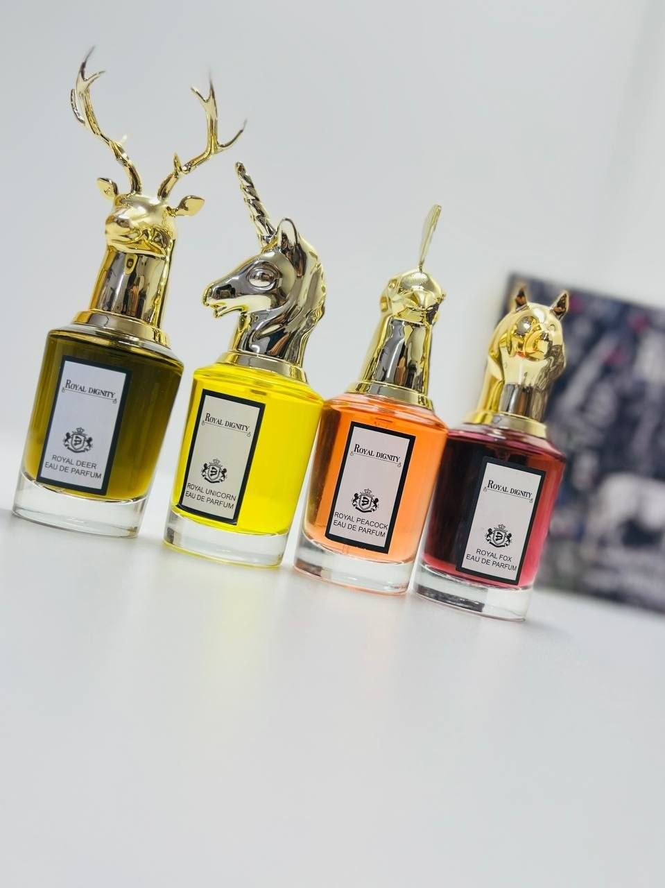 مجموعة عطور "رويال ديجنيتي" (Royal Dignity) من بينهاليغونز 🤎⋆𐙚⋆🦢 (Penhaligon's
رويال دير 🦌 Royal Deer عطر شرقي خشبي بتركيبة دافئة ومنعشة. 
رويال يونيكورن 🦄Royal Unicorn  فاكهي زهري يجمع بين التوت وزهر البرتقال. 
رويال بيكوك 🦚 Royal Peacock  عطر زهري شرقي يجمع بين الورد والياسمين مع نفحات العنبر. 
رويال فوكس 🐺  Royal FoX عطر شرقي خشبي يجسد القوة والذكورة.
العطور رجالية منعشة تخبل وثباتية لساعات طويلـة


**إذا كنت صاحب هذا الإعلان وتريد حذفه لأي سبب، رجاءا أرسل رسالة إلى الدعم الفني**