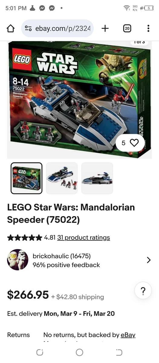 کوردی و عەرەبی 

سێتێکی زۆر دەگمەنی لێگۆ ستاروارسە ئەسڵی ٢٠١٣هەرسێ فیگەرە دەگمانەکەی لەگەڵە و هی ئەمەزۆن و شت نیە لە ٢٠١٩وە لای خۆمە و هەڵگیراوە و گۆڕینەوەش دەکەم .

مجموعة ليغو ستار وورز نادرة جدًا من عام 2013، تضم جميع الشخصيات الثلاث النادرة إنها ليست قطعة باليه أو منتجًا من أمازون، وقد٢٠١٩ احتفظت بها على الرف منذ ذلك الحين تبدیل موجود و توصيل السليمانية, العراق


**إذا كنت صاحب هذا الإعلان وتريد حذفه لأي سبب، رجاءا أرسل رسالة إلى الدعم الفني**