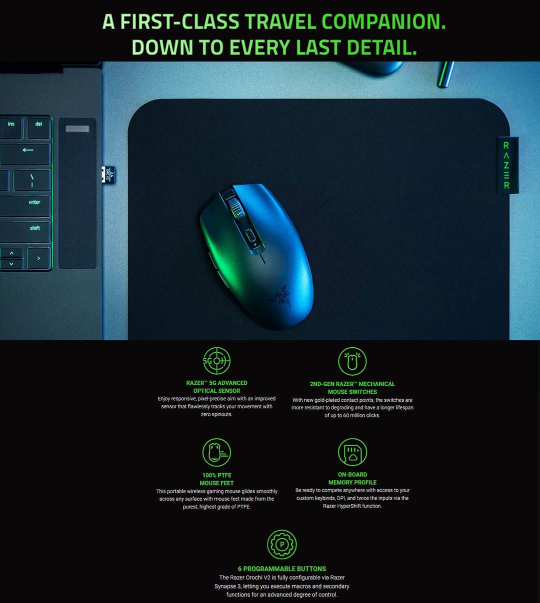 Razer Orochi V2 – Wireless Gaming Mouse

🔹 الاتصال: Razer HyperSpeed Wireless + Bluetooth 📶
🔹 الوزن: أقل من 60g لتجربة لعب خفيفة وسريعة ⚡
🔹 المستشعر: Razer 5G Optical Sensor بدقة تصل إلى 18,000 DPI 🎯
🔹 Polling Rate: حتى 1000Hz
🔹 الأزرار: 6 أزرار قابلة للتخصيص
🔹 السويتشات: Razer Mechanical Switches Gen 2 بعمر يصل 60 مليون ضغطة
🔹 البطارية: حتى 950 ساعة عبر Bluetooth 🔋
🔹 التوافق: PC / Laptop / Mac
🔹 التصميم: مدمجة وخفيفة، مناسبة للتنقل والجيمينغ اليومي

💡 ماوس احترافي يجمع بين الوزن الخفيف، الاستجابة السريعة، وعمر البطارية الطويل لعشاق الألعاب والعمل.  

السعر : 45 الف
خدمة توصيل 🚚 لكافة أنحاء العراق 🇮🇶 حلة, بابل


**إذا كنت صاحب هذا الإعلان وتريد حذفه لأي سبب، رجاءا أرسل رسالة إلى الدعم الفني**