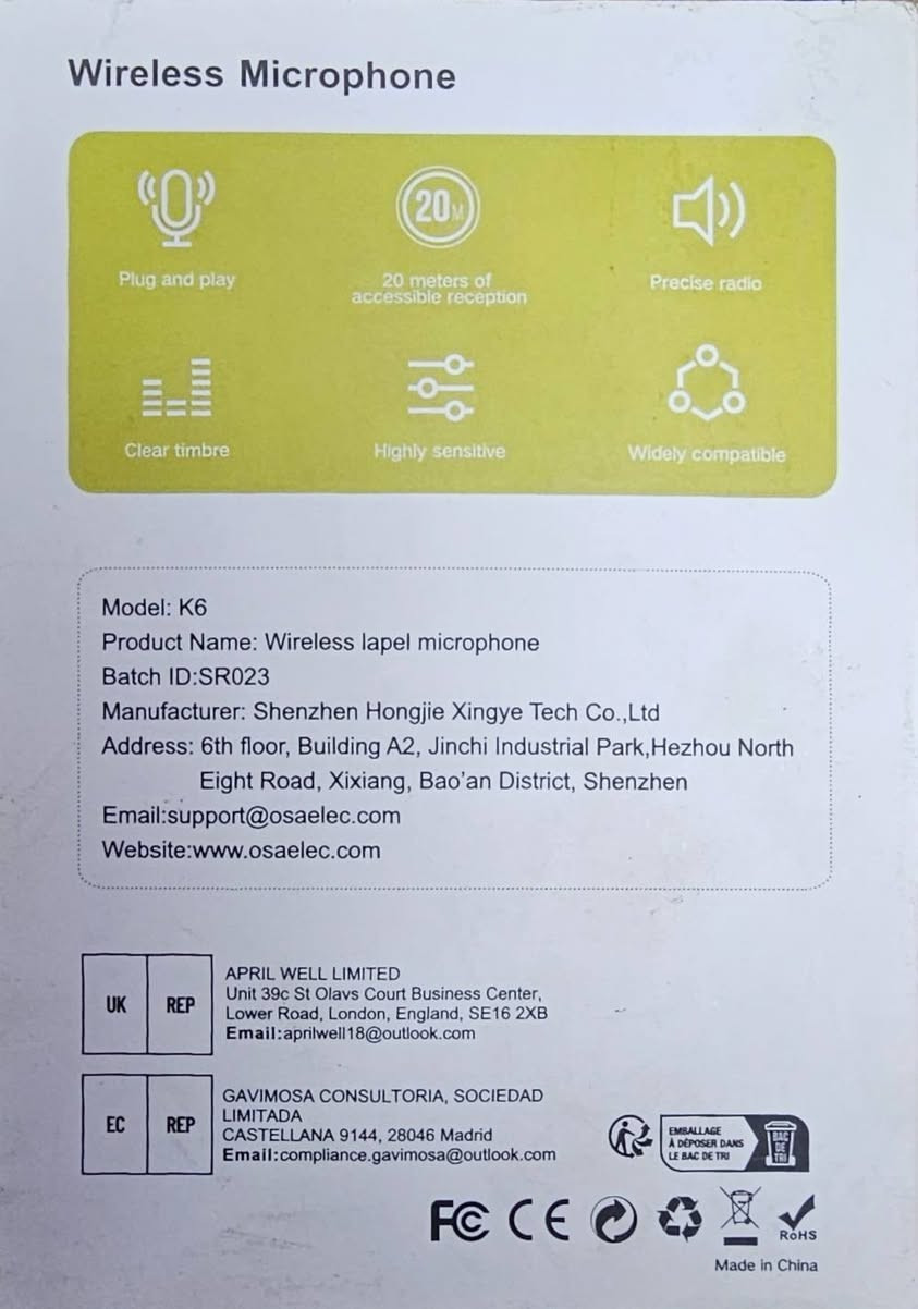 نك مايك ميكروفون لاسلكي من ماركة OSA، يتميز بالخصائص 
متوافق مع أجهزة iPhone (منفذ Lightning) وأجهزة Android.
يحتوي على شاشة عرض رقمية لمستوى الطاقة.
يعمل بتقنية التوصيل والتشغيل (Plug and Play) دون الحاجة إلى تطبيق.
مثالي لتسجيل الـ Vlog والمقابلات والبث المباشر.
السعر 40


**إذا كنت صاحب هذا الإعلان وتريد حذفه لأي سبب، رجاءا أرسل رسالة إلى الدعم الفني**