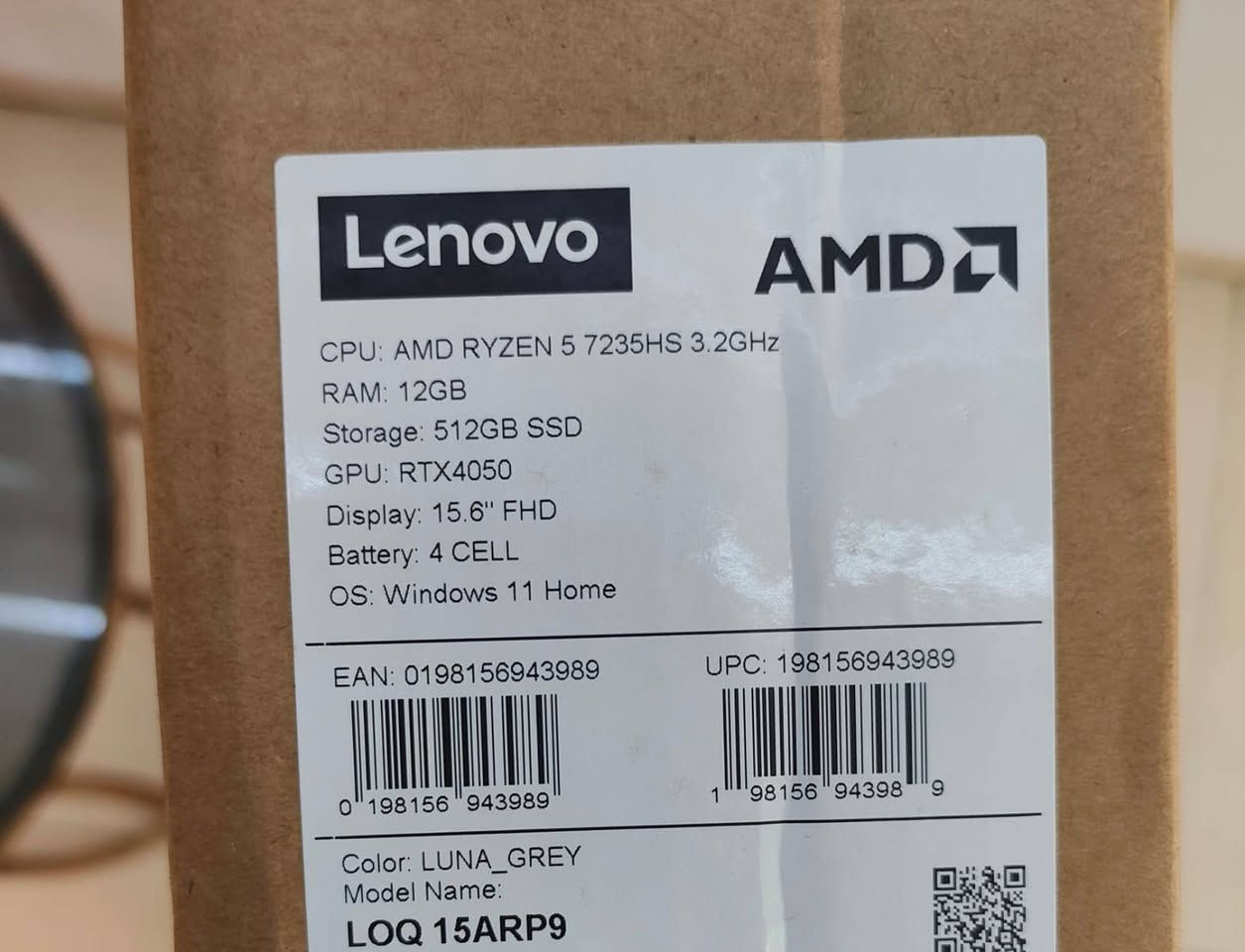 ‏LENOVO LOQ  15ARP9
مستخدم شهرين جديده لوك بعدها بالباكيت 
‏CPU: AMD Ryzen 5 7235HS 3.2 GHZ

(( ‏GPU:RTX 4050 6GB.  ((  170. Watt

‏RAM: 12GB DDR5 

‏HARD: 512GB SSD M.2

‏MON: 15.6 FHD IPS 144HZ

‏OS: windows 11 home 
‏

‏Color: -GREY

‎‏‎السعر /980 الف
***********
