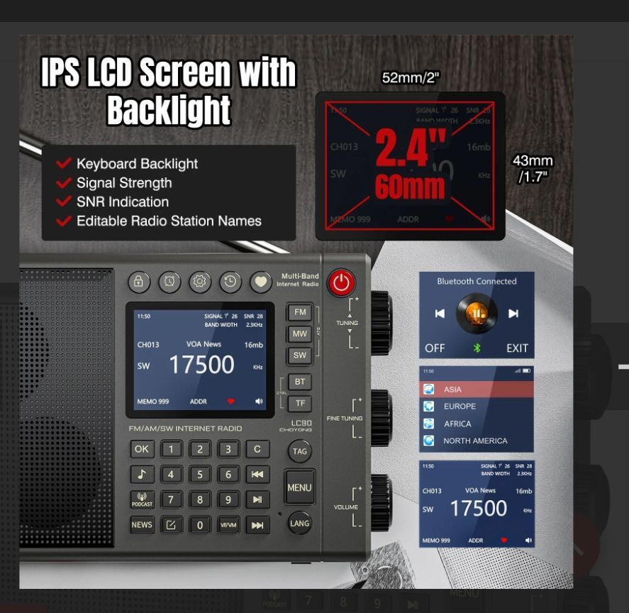 متوفر الراديو الافضل عالميا
الغني عن التعريف Choyong LC90 راديو إنترنت ذكي محمول متعدد النطاقات يجمع بين استقبال الراديو التقليدي وتقنيات البث الرقمي الحديثة.
الميزات الرئيسية:
اتصال متعدد: يدعم الاتصال عبر شبكات Wi-Fi   أو عبر شريحة اتصال  nano SIM أو من خلال نقطة اتصال الهاتف المحمول للوصول إلى محطات راديو الإنترنت.
استقبال واسع النطاق: يوفر استقبالاً لترددات FM، LW، MW، SW،
فول باند
بالإضافة إلى دعم نمط الحزمة الجانبية الواحدة (SSB) للهواة.
تعدد لغات يدعم اللغة العربية بالكامل
راديو الإنترنت: يتيح الوصول إلى أكثر من 40,000 محطة راديو عالمية مصنفة حسب القارة والبلد.
وظائف إضافية: يعمل كـ مكبر صوت بلوتوث، ويدعم تشغيل الملفات من بطاقة TF، ويحتوي على شاشة IPS ملونة تعرض معلومات المحطة وقوة الإشارة.
البطارية: مزود ببطارية قابلة لإعادة الشحن بسعة 5000 مللي أمبير لضمان ساعات استماع طويلة منفذ الشحن من نوع تايب سي 
المواصفات التقنية:
الوزن: حوالي 640 جرام.
الأبعاد: 200 × 122 × 40 ملم تقريبًا.
الصوت: يتميز بجودة صوت عالية بفضل تصميم صندوق مكبر الصوت المتطور. للاستفسار عن السعر والتفاصيل على الخاص بسبب سياسة الفيس بوك


**إذا كنت صاحب هذا الإعلان وتريد حذفه لأي سبب، رجاءا أرسل رسالة إلى الدعم الفني**