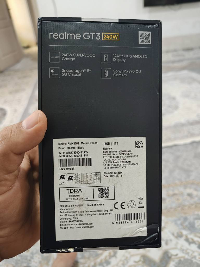 realme gt3
زاکیرە 1024 گێگا یەک تێرا بایت 
ڕام 16
بارگاوی کەرەوەی 240 وات لەسفرەوە بۆ سەد بە 12 دەقە شەحن دەبێتەوە
شاشە ئەمۆلید  144 هێرتز
سناپدراگۆن   8gen 1plus
توانای ڤیدۆ تۆمارکردنی هەیە بە 4k 60fps
نەکراوەتەوەو هەواش نادا کامل ئەشیایە بۆ فرۆشتن و گۆڕینەوە بۆ پەیوەندی  *********** یان لە چات لە خزمەت دام كويسينجاك, أربيل
