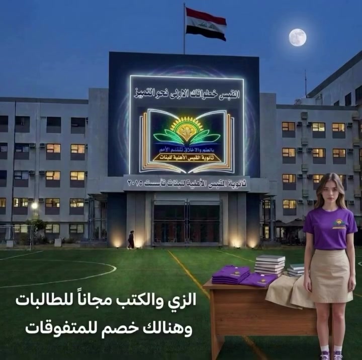 🔥 مو كل بداية تشبه الثانية… خلي بدايتج مختلفة!

إذا هدفج التفوق والتميز من أول يوم، فمكانج في ثانوية القبس الأهلية للبنات.

✨ متابعة يومية حقيقية
✨ اهتمام بكل طالبة
✨ اختبارات وخطط منظمة
✨ بيئة دراسية محفزة للنجاح
✨ الكتب  والزي المدرسي مجاناً

لا تنتظرين لباجر حتى تبدين ترتبين مستقبلج…
الطالبات المتميزات يبدأن من هسه! 🌟

حساب التيك توك :
https://www.tiktok.com/@saraghayyibshahat?_r=1&_t=ZS-96zXnXyetjb
حساب الفيسبوك :
https://www.facebook.com/share/1Cm6Q3remq/?mibext
حساب انستقرام :
https://www.instagram.com/qbs_qbs?igsh=eHplZGEwNXhoNm1v
📍حي الجهاد مقابيل جامع محمد رسول الله خلف ثانوية انوار بغداد الاهلية للبنين
📞***********

