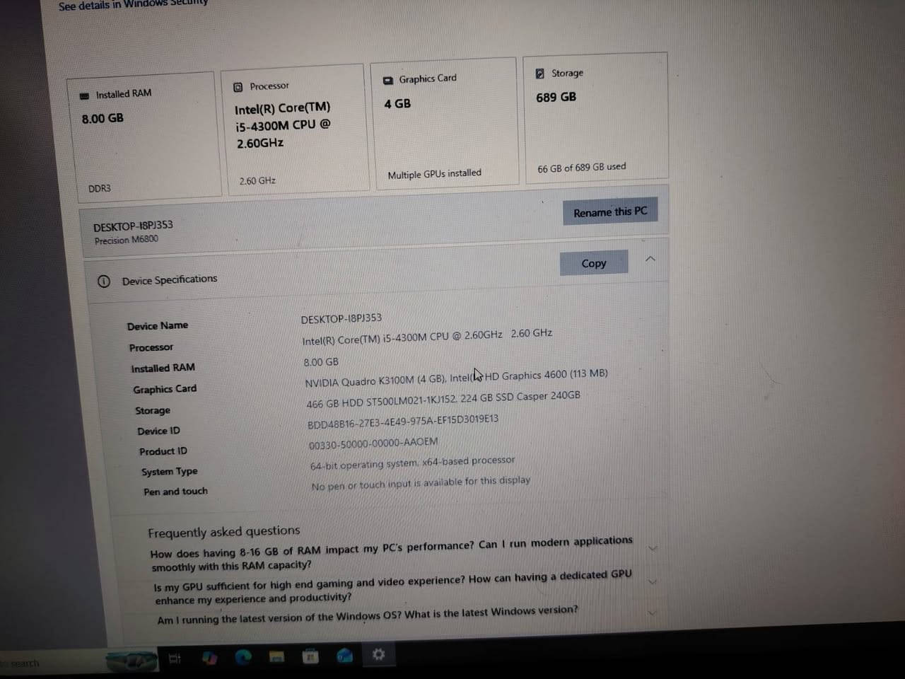 DELL PRECISION M6800
المعالج: Intel Core i5-4300M بسرعة 2.60GHz، 4 أنوية   • الرام: 8GB DDR3  • كارت الشاشة: كارتين شاشة   1. NVIDIA Quadro K3100M بسعة 4GB DDR5 م   2. Intel HD Graphics 4600 مدمج   • التخزين: هاردين   1. SSD 256 GB Casper سريع للنظام والبرامج   2. HDD 512GB للتخزين   • النظام: Windows 10 Pro 64-bit أصلي   • الشاشة: 17.3 بوصة، دقة FHD
ويا UPS نقص بس بطارية 
السعر 200 الف و بي مجال     المكان بغداد الدولعي. 
الرقم : *********** بي واتساب
