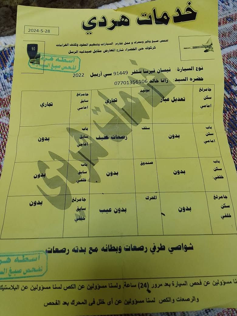 نیسان ڤیرسا مودیل 2022v 
36 میل ڕۆیشتوە گیرو مەکینە تەبرید بەشرت
توندو تۆلە لەگەل چوار تایەی تازەو وەرەقەی بەنزینی هەیە شوین کەرکوک ***********یان 
***********
سعری 110 وەرقە ومعاملە كركوك, العراق

