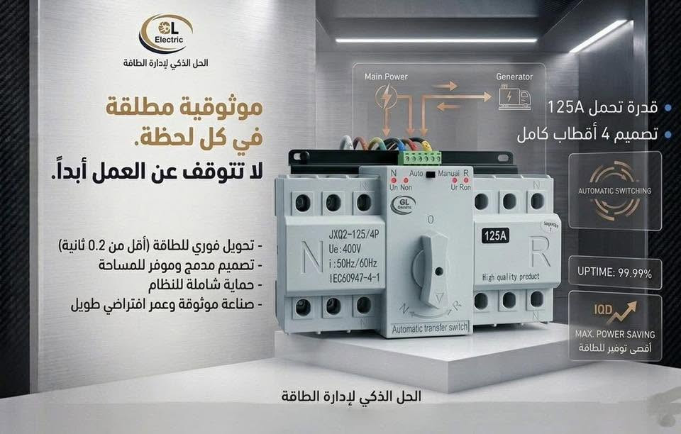 | الحل الذكي والموثوق لتحويل الطاقة ⚡️
لتأمين استقرار الطاقة في منزلك أو مشروعك! الخيار الأفضل بات متوفراً الآن.
تتوفر لدينا أجهزة تحويل الطاقة (ATS) بقدرات وموديلات متنوعة لتلبية كافة احتياجاتكم:
- چنج الكتروني مع شاشة ثري فيز من 125A إلى 400A 

-  چنج الكتروني بدون شاشة ثري فيز من 125A إلى 800A

-چنج يدوي لبه بدون صندوق ثري فيز  من 100A إلى 630A

-  چنچ الكتروني سنگل فيز بقدرات 80A و 125A
-

📥 للاستفسار والطلب: يرجى مراسلة بريد الصفحة.
#تحويل_الطاقة #استقرار_الطاقة #كهرباء #الشورجة #بغداد


**إذا كنت صاحب هذا الإعلان وتريد حذفه لأي سبب، رجاءا أرسل رسالة إلى الدعم الفني**